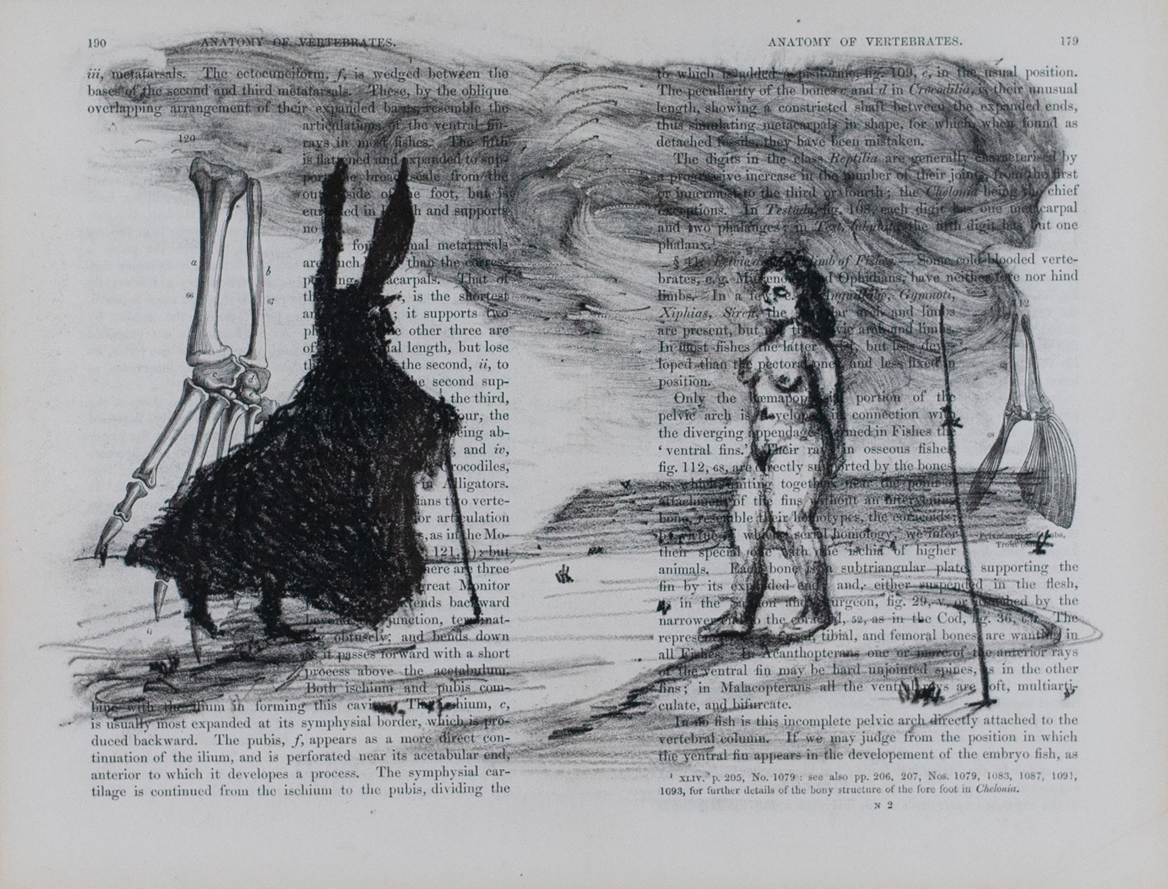 Page of a book a dosa background with a dark cloud above a nude figure and a figure in a dark cloak with pointed ears.