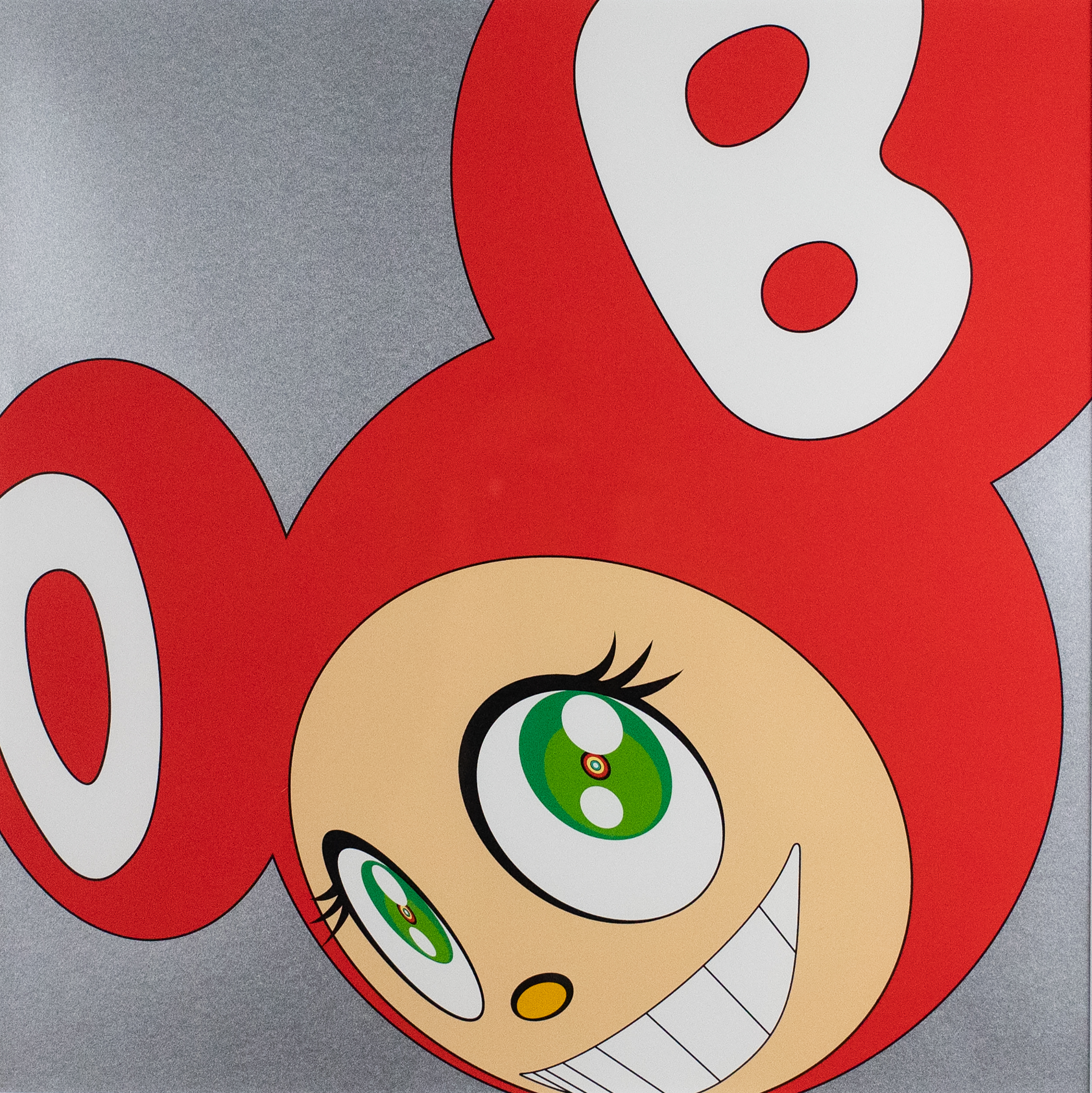 Cartoonprint of a face with big green eyes, a wide smile and a red hat that resembles Mickey Mouse.