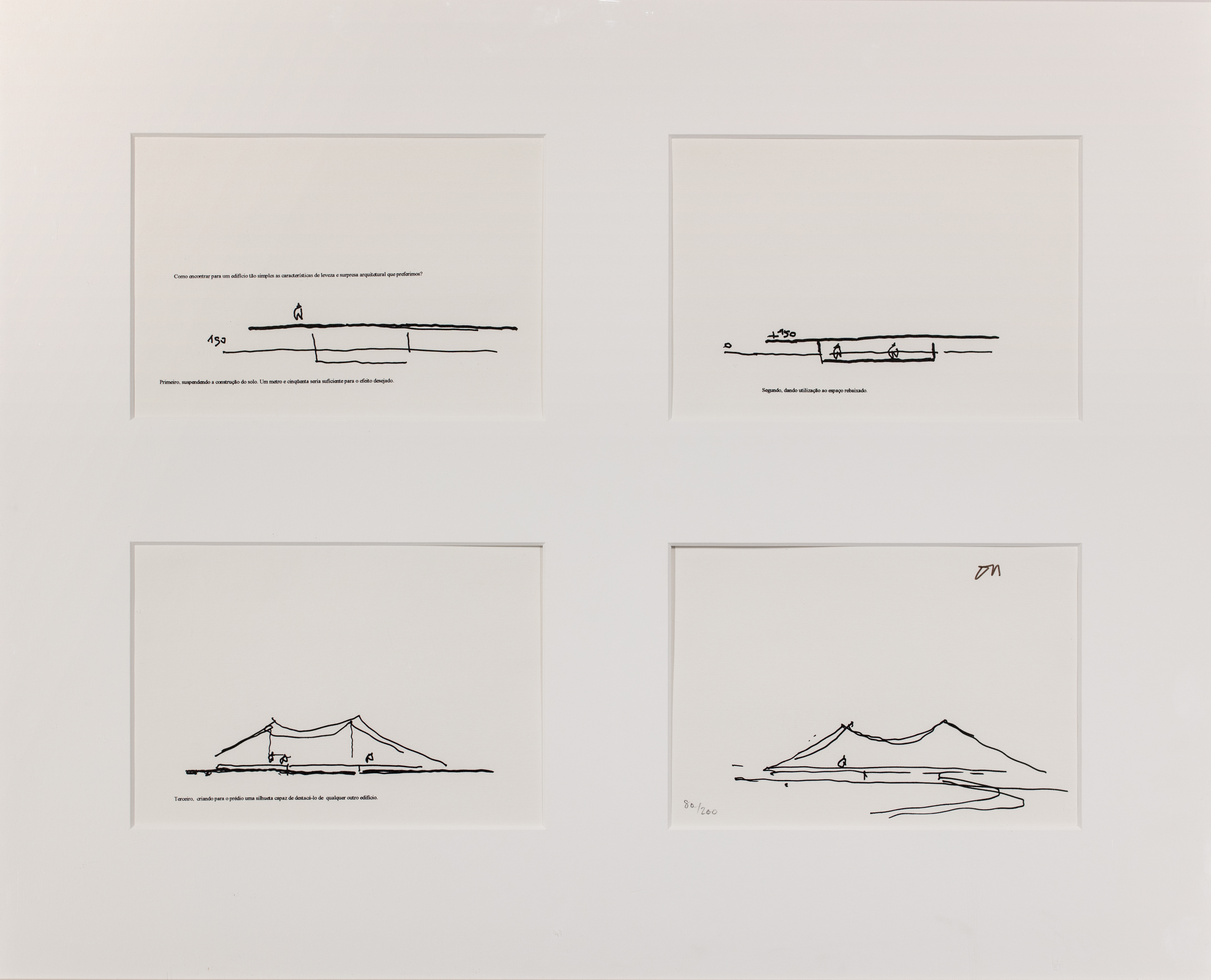 Four frames with minimal line drawings hat resemble a bridge at different stages of building.