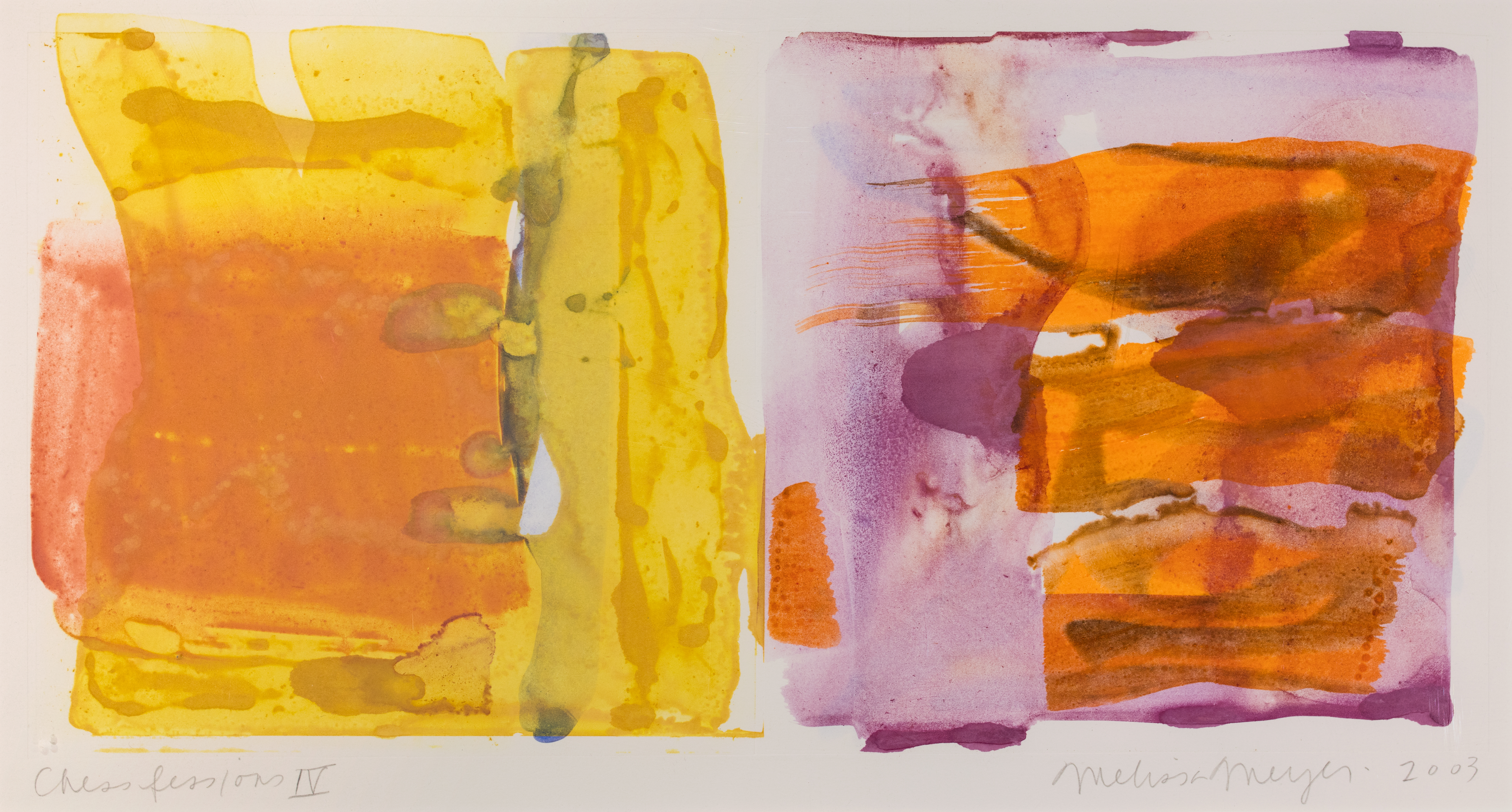 Yellow print of an abnormal rectangle next to a pink on with three orange stripes in the middle.