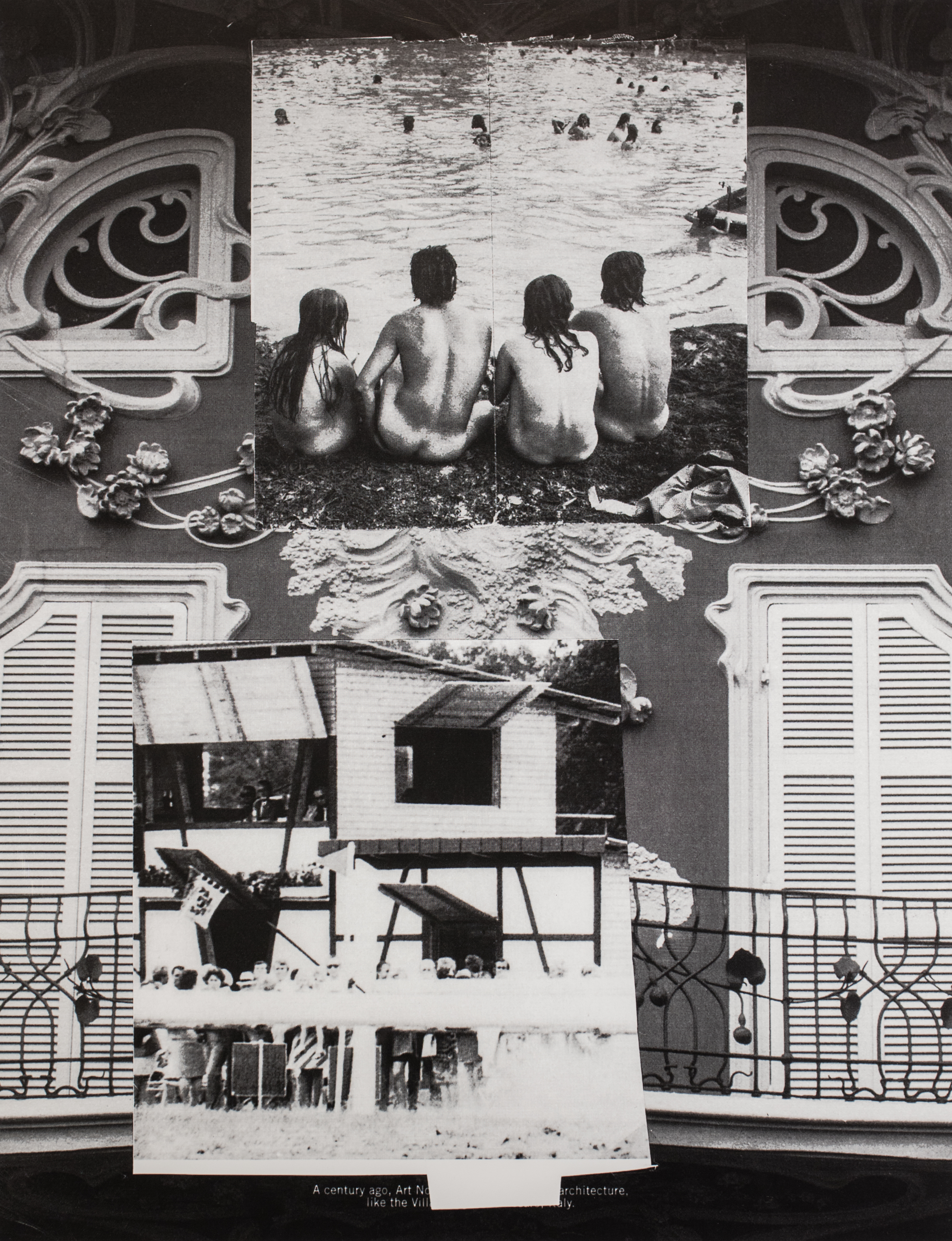 Photo collage nude people sitting with their backs to the camera on the shore of a lake on top of an image of a building.