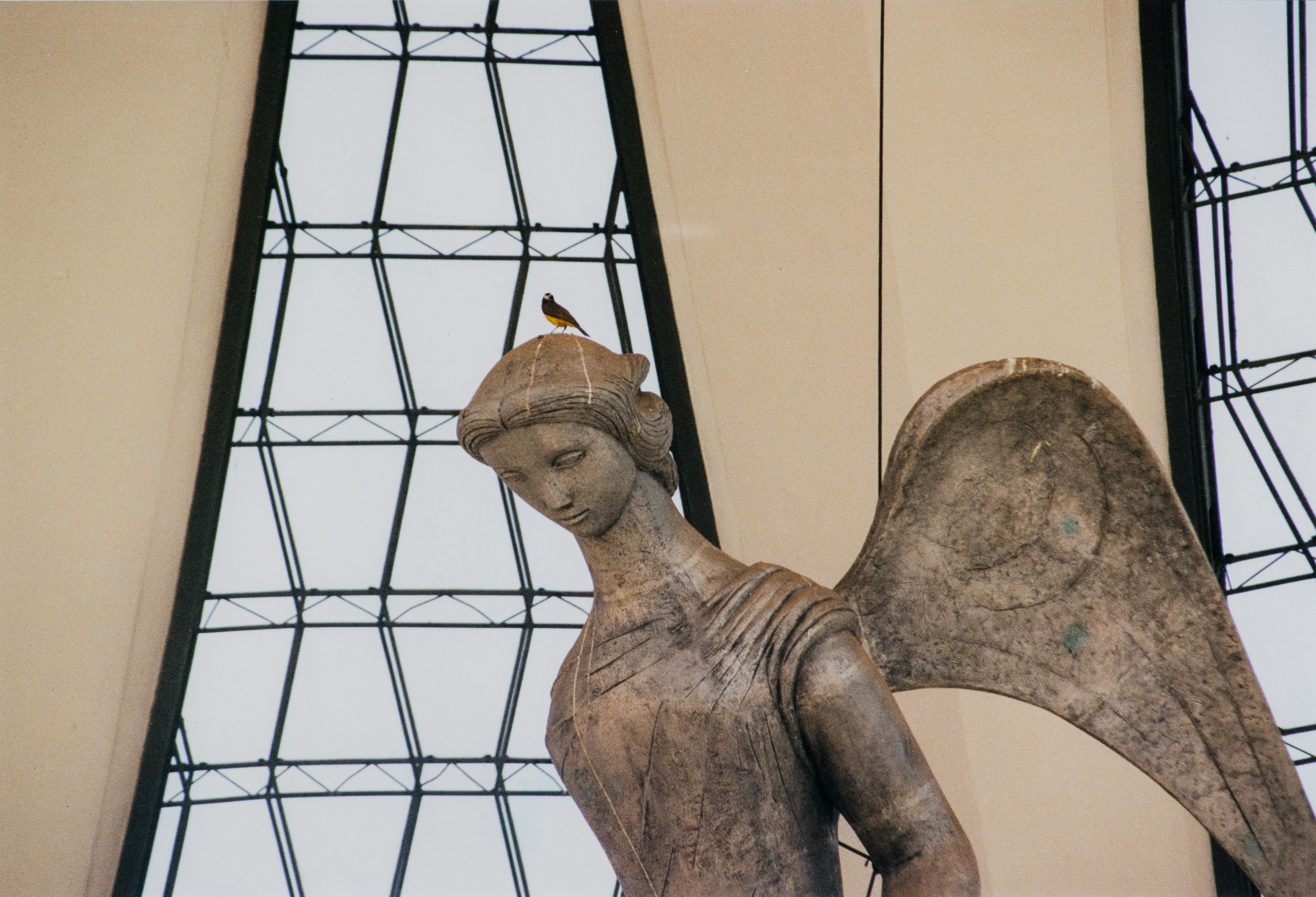 Photograph of a statue of an angel in front of a triangular glass wall.