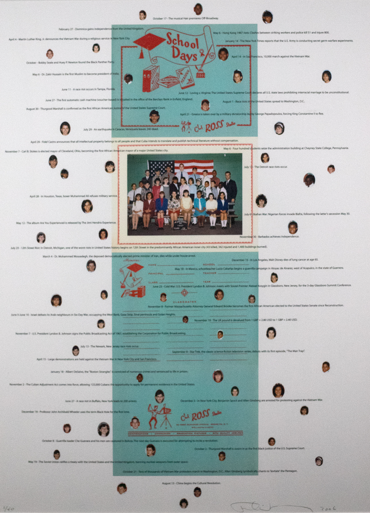 Poster with a titled that reads &quot;School Days&quot; and has lines of text running down with portraits of people cut out into circles and glued on and a class picture in the center.