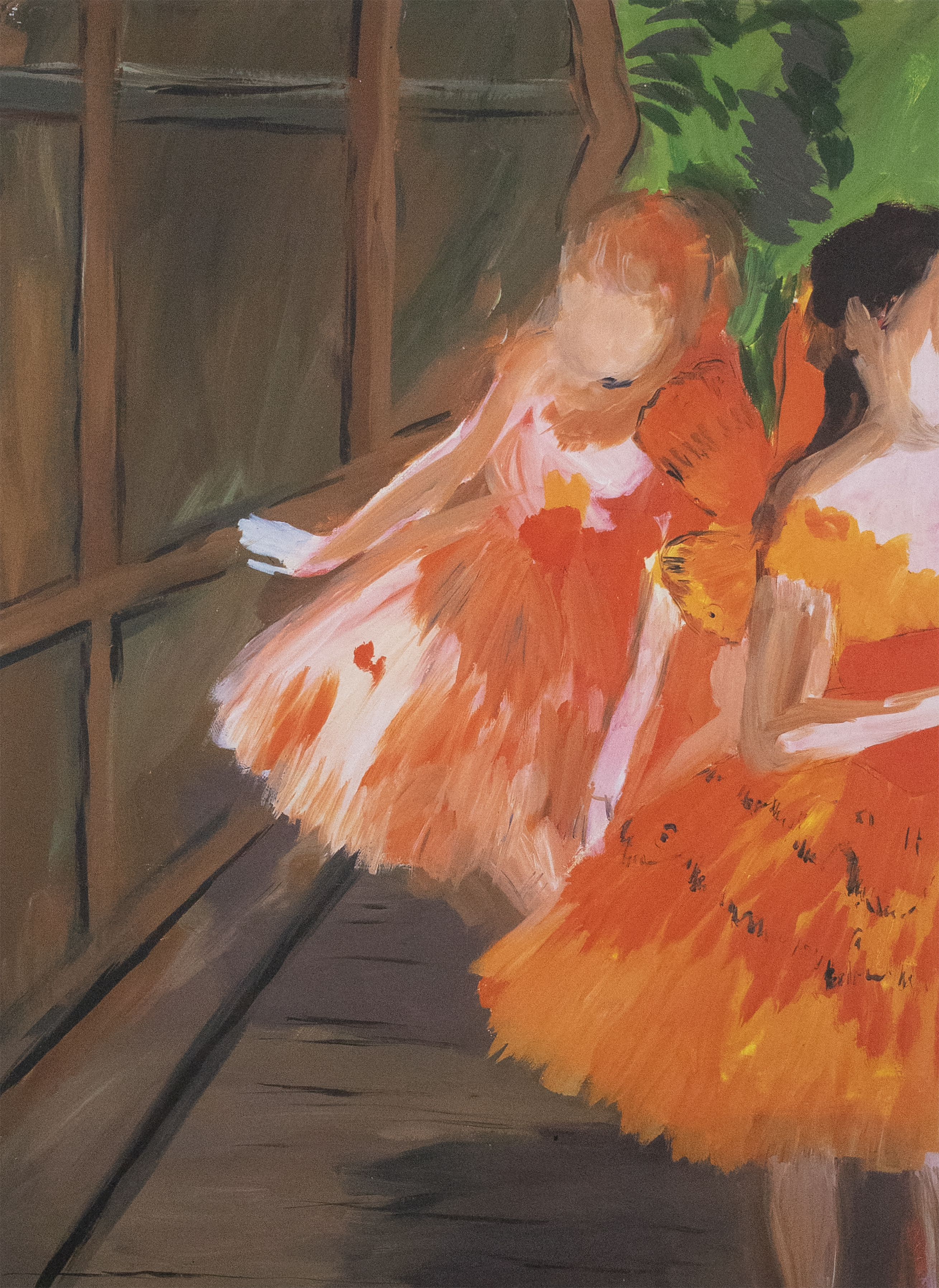 Painting of two ballerinas in read and orange dresses next to a wood paneled wall.