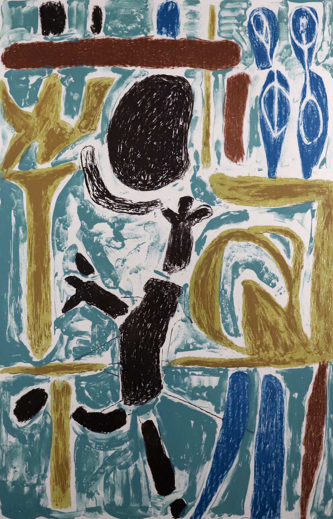 Abstract shapes in gold, black, teal, and blue that resembles a figure dancing.