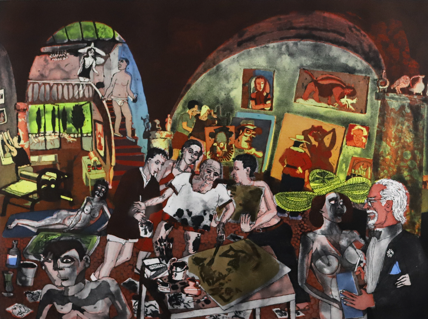 Etching that includes a group of people in a basement that is full of art supplies and painting hung from floor to ceiling.