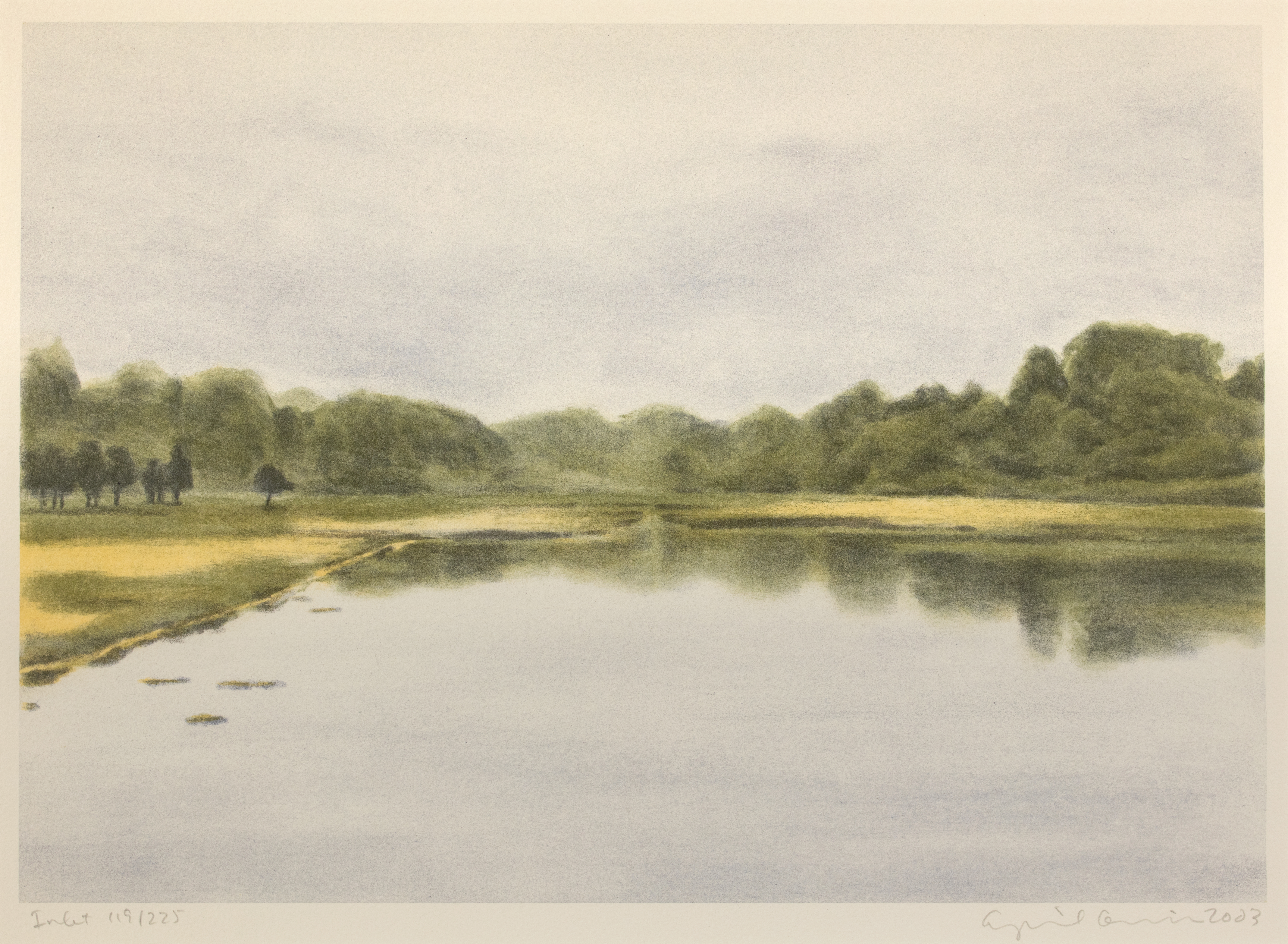 Painting of a gender inlet surrounded by a green and yellow marsh and trees in the background.