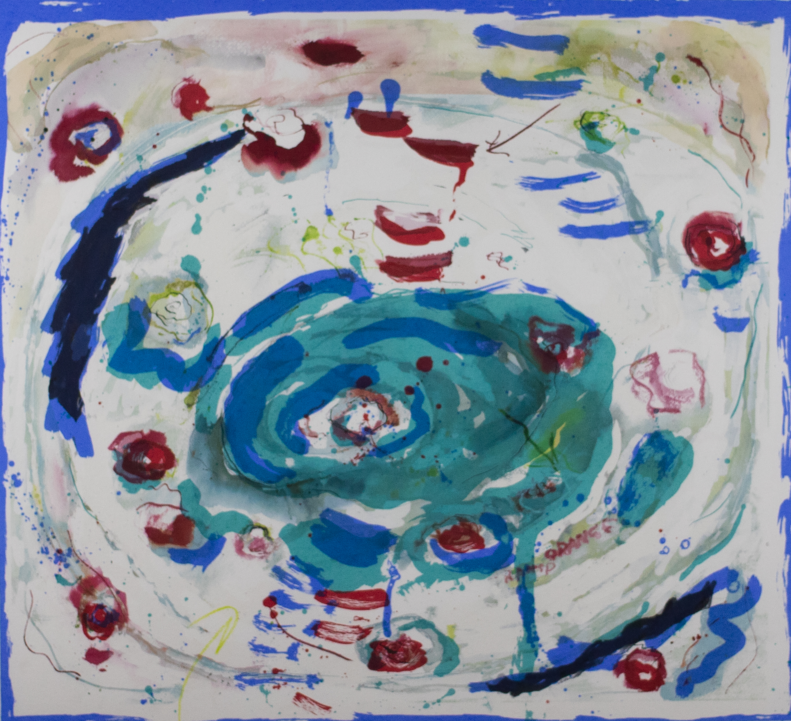 Abstract print of blue, red, teal, and navy blobs of ink outlined by blue around the edges.