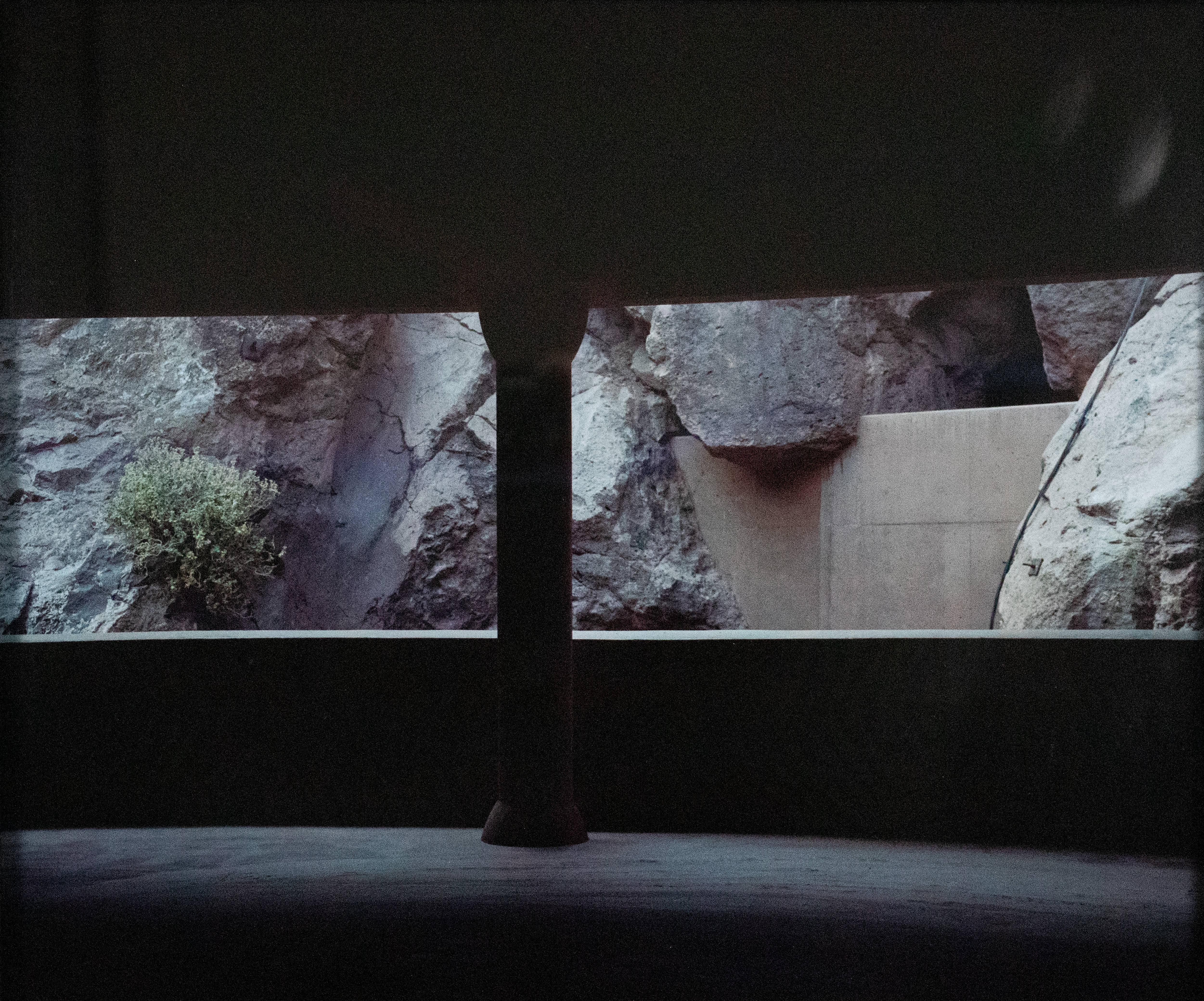 Photograph from a parking lot looking out to a wall of rocks with one small bush on the left.