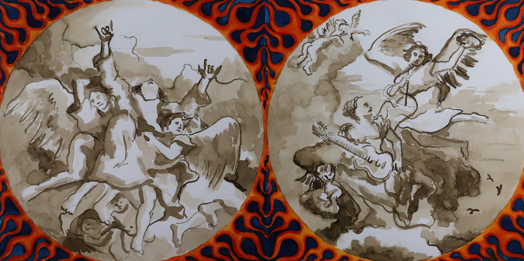 Two circles with scenes of angels against a red and navy background that looks like flames.