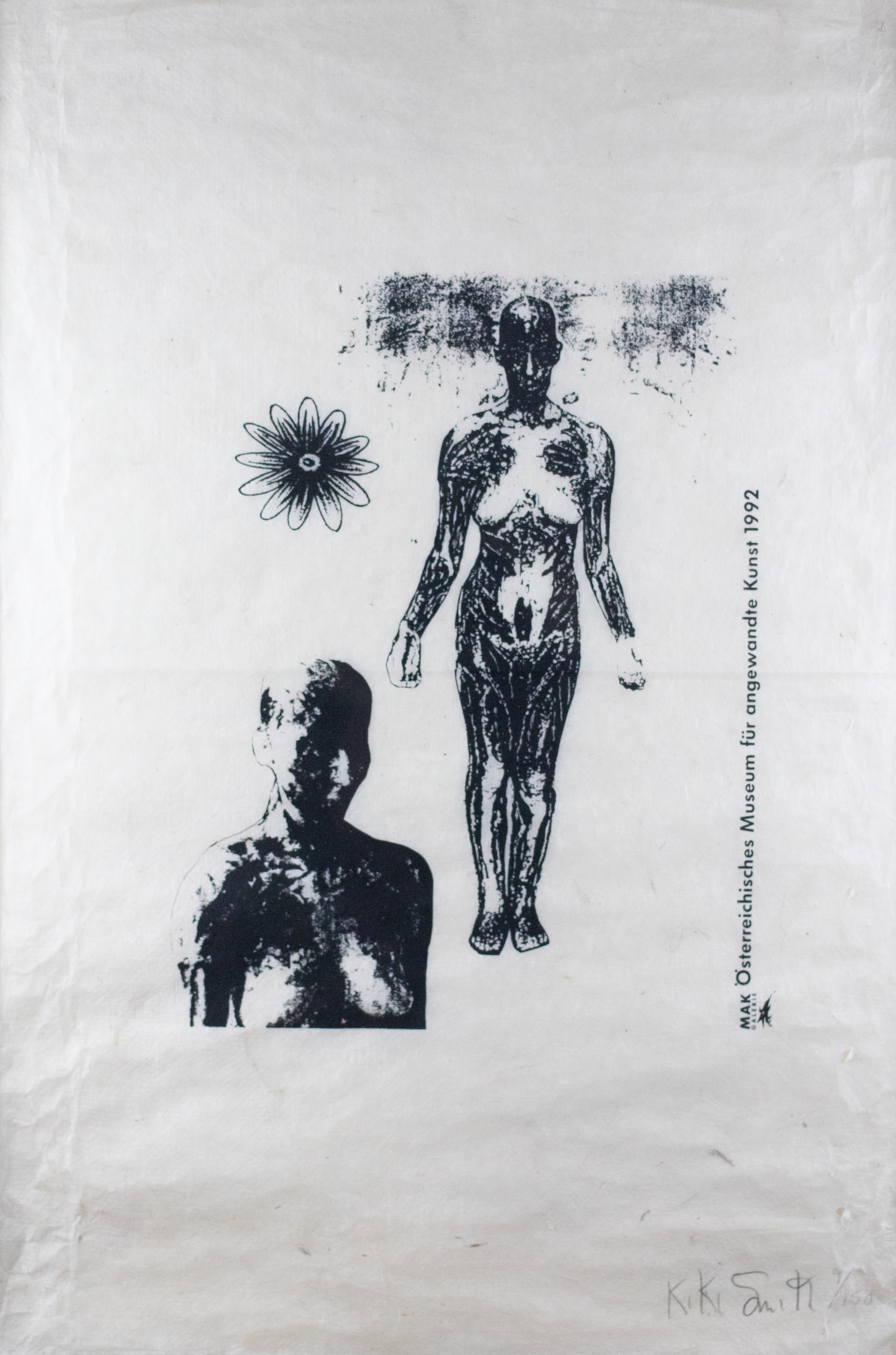 Photograph of a diagram of a person standing with their hands out flat and another figure below them from the shoulders up.