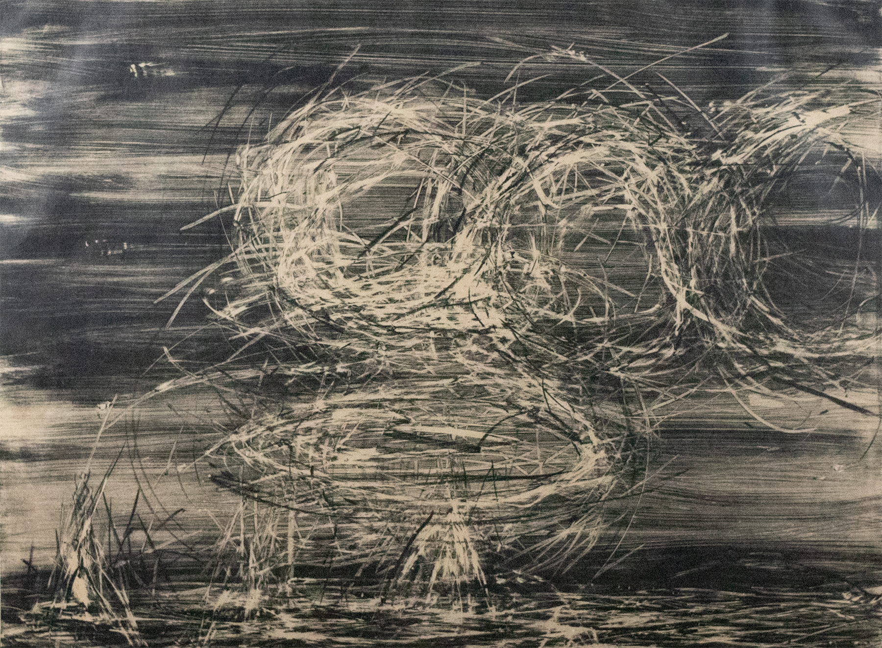 Print with a dark streaked background and scratches in the center forming three circles.