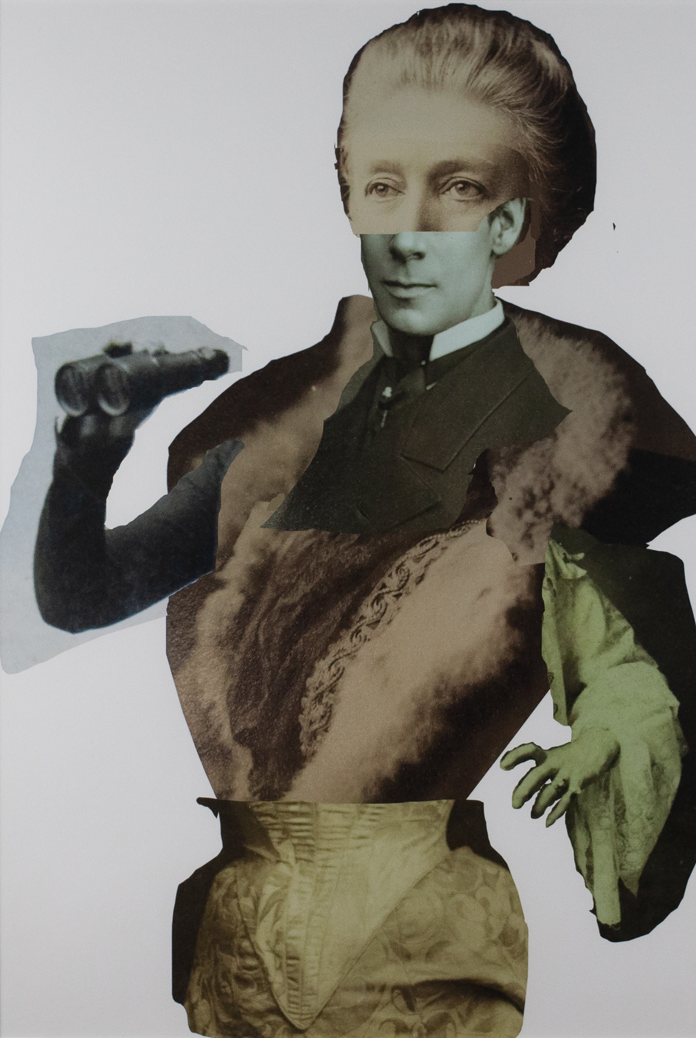 Photo collage of a person standing with binoculars made from stitching together various parts of different people cut outs.