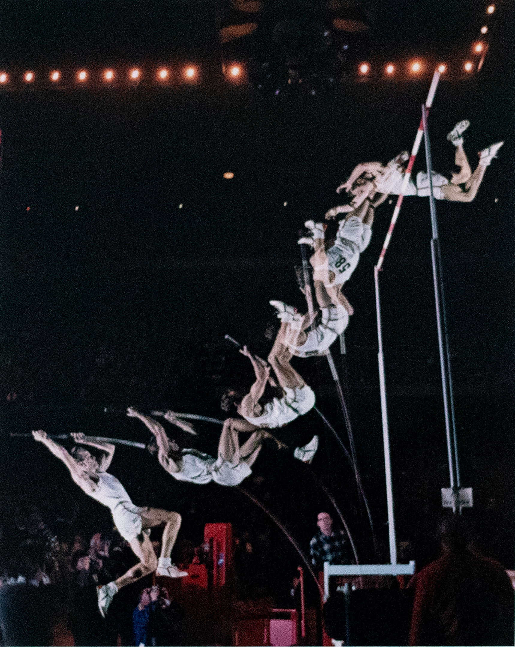 Multiple exposure photograph of a person doing pole vault.