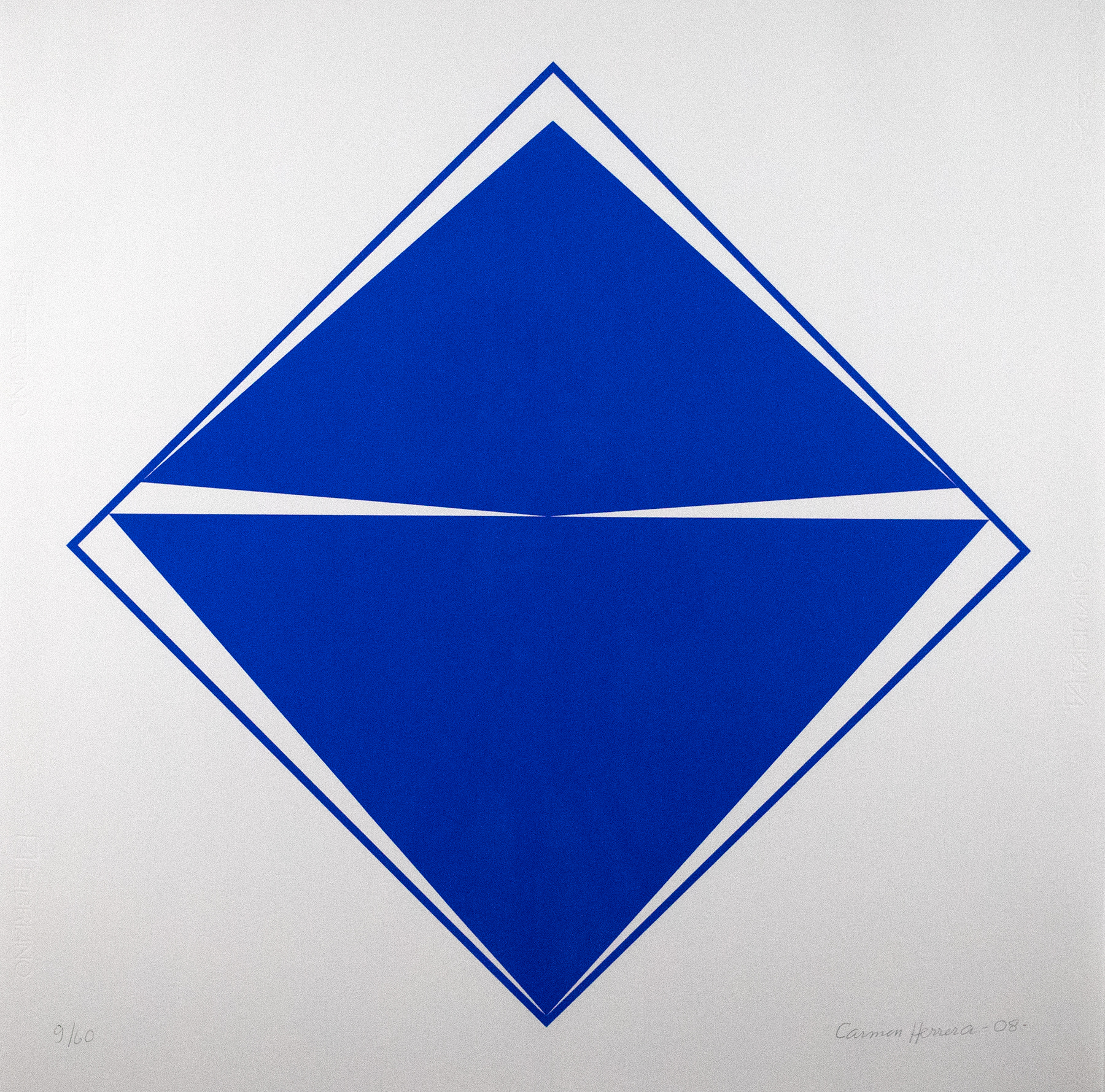Cobalt blue kite shape with a blue outline and two slits of white on the left and right corners.
