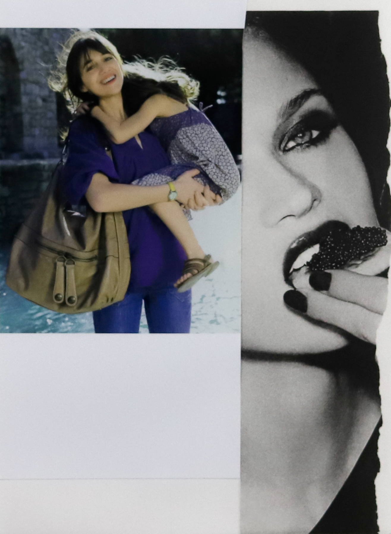 Photograph on the left of a woman carrying a child on her hip and on the right, half a woman's face as she bites into a piece of food.