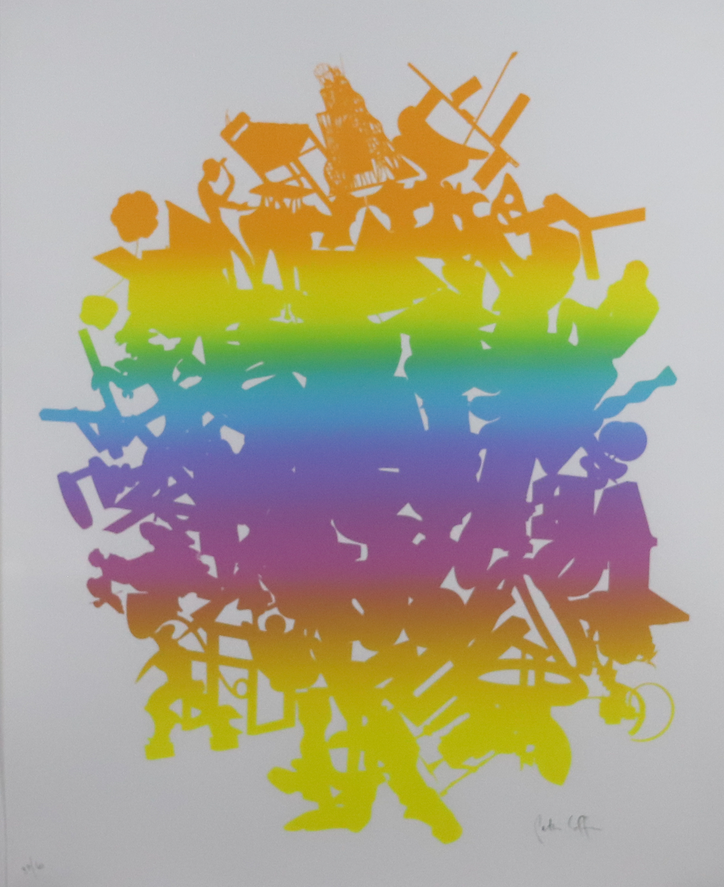 Blob of shapes that all connect with one another and have an ombre color that goes from orange to yellow to green to blue to purple to pink.