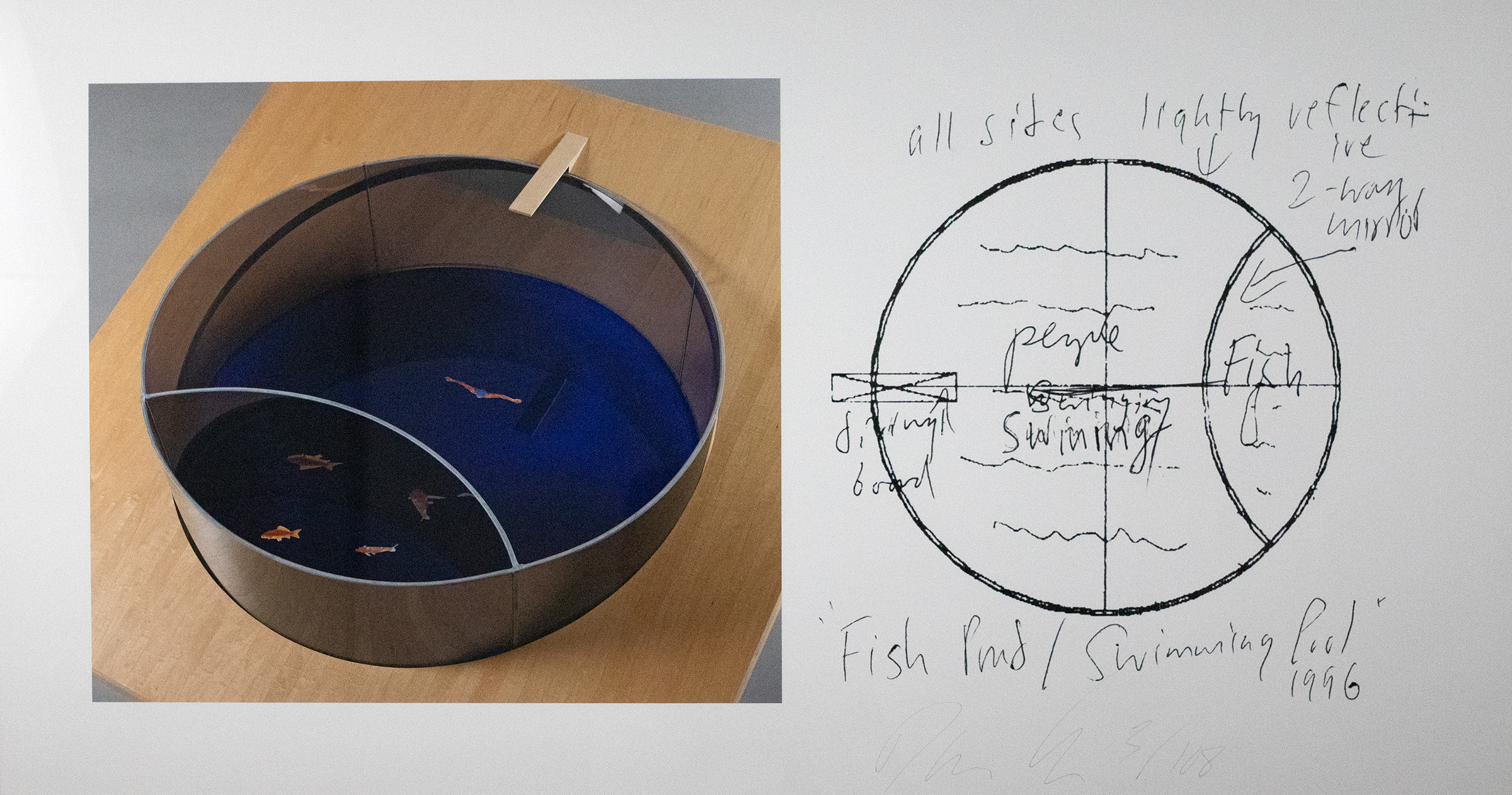 Photograph of a miniature swimming pool for little fish next to a diagram of the plans for the pool.