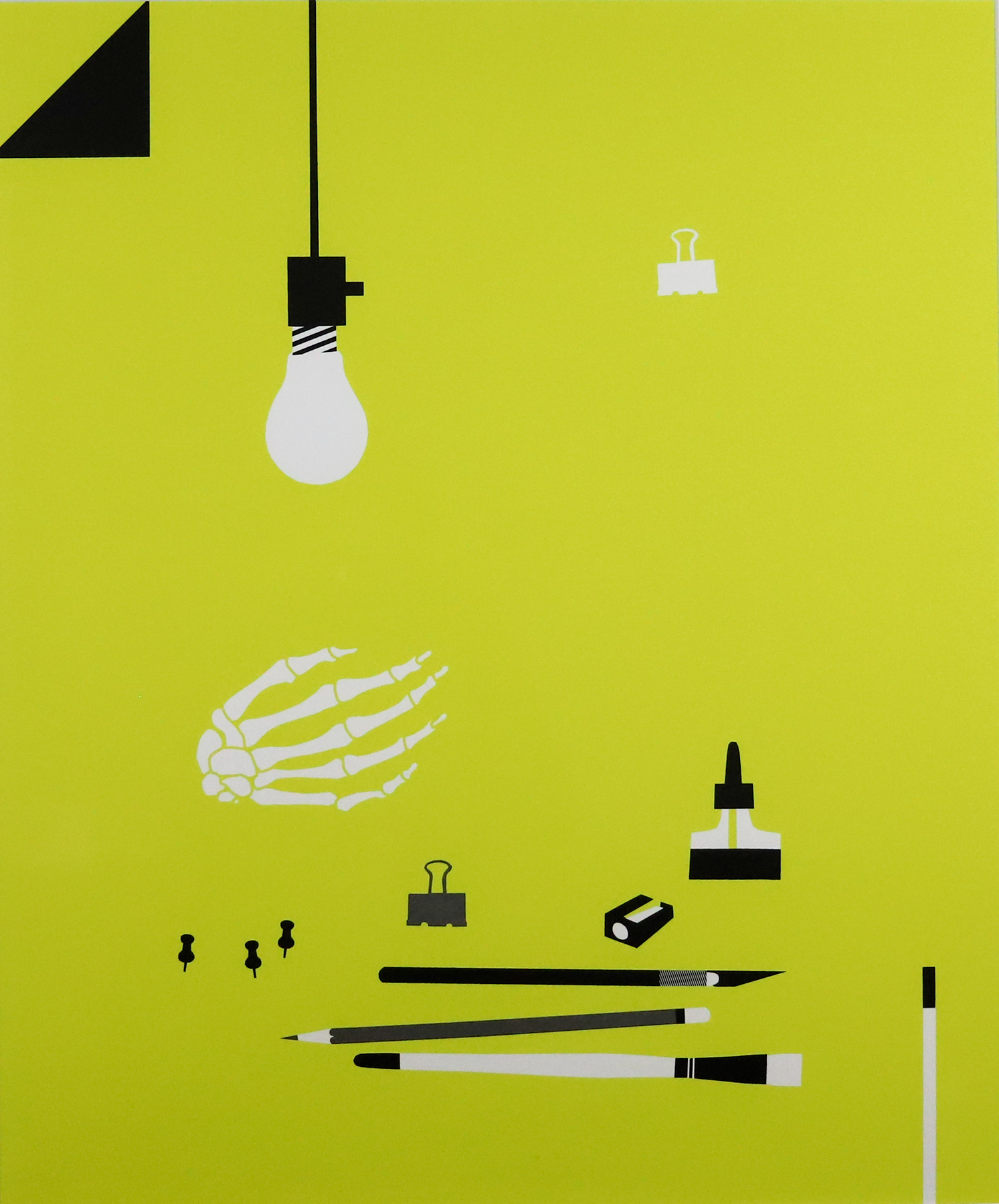 Light yellow background with a graphic featuring a lightbulb hanging from the top, a skeleton's hand below, and office supplies such as pens, pencils, erasers and push pins.