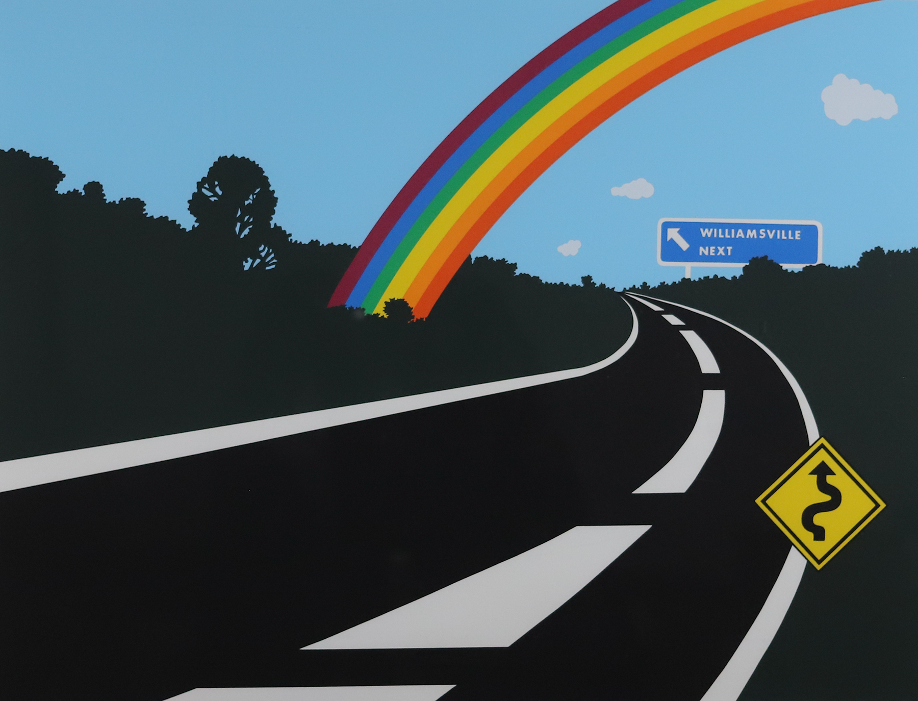 A black winding road with a small street sign on the right and a colorful rainbow going from the center to the right edge.