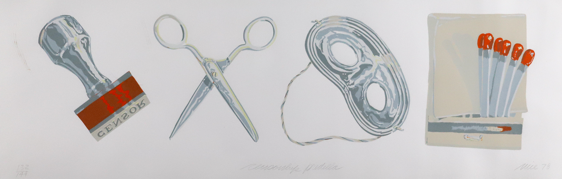 A metal stamp on the left followed by a pair of open scissors, a gray eye mask, and a pack of red matches.