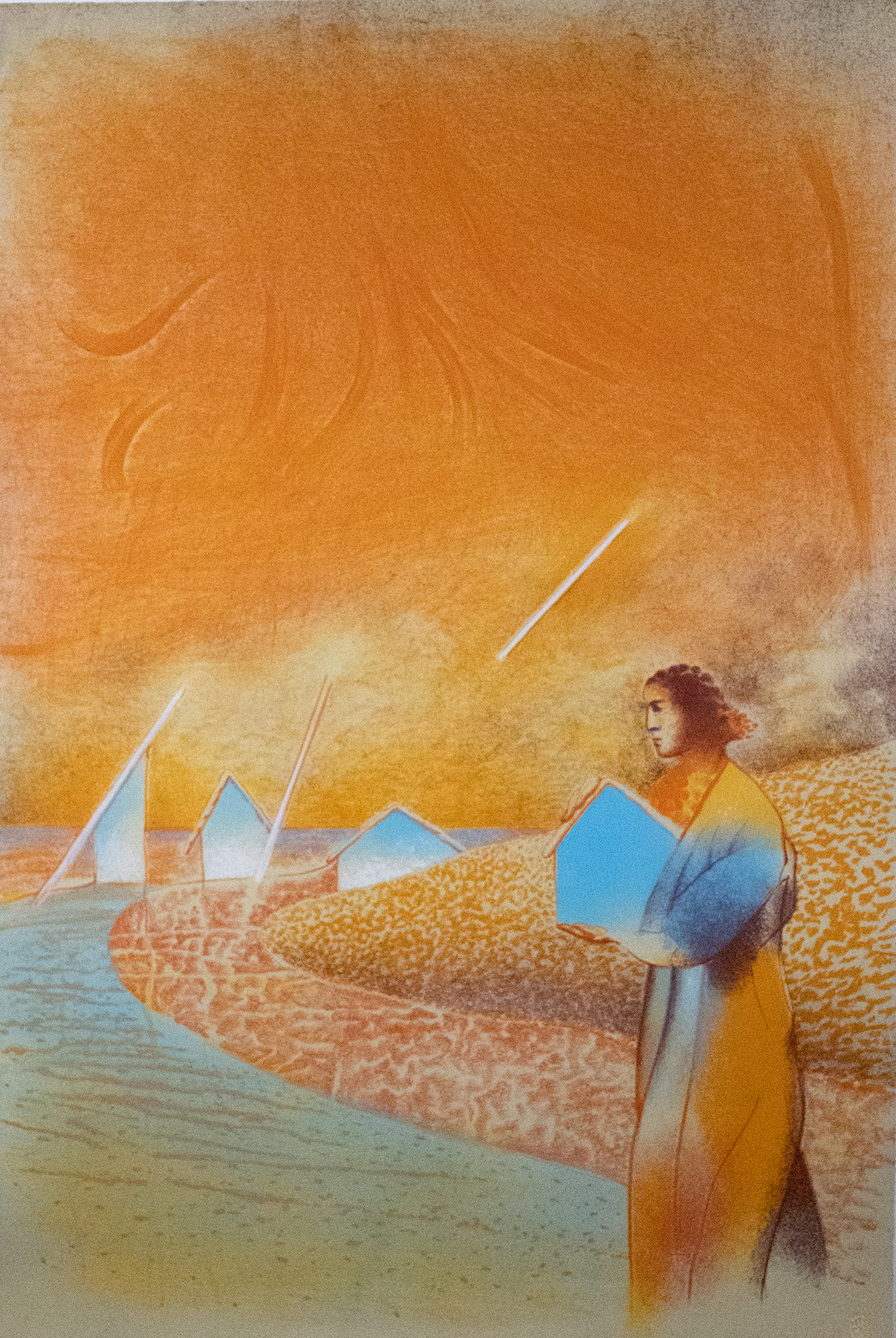 Orange background with a person wearing a blue and orange robe walking through a stream.