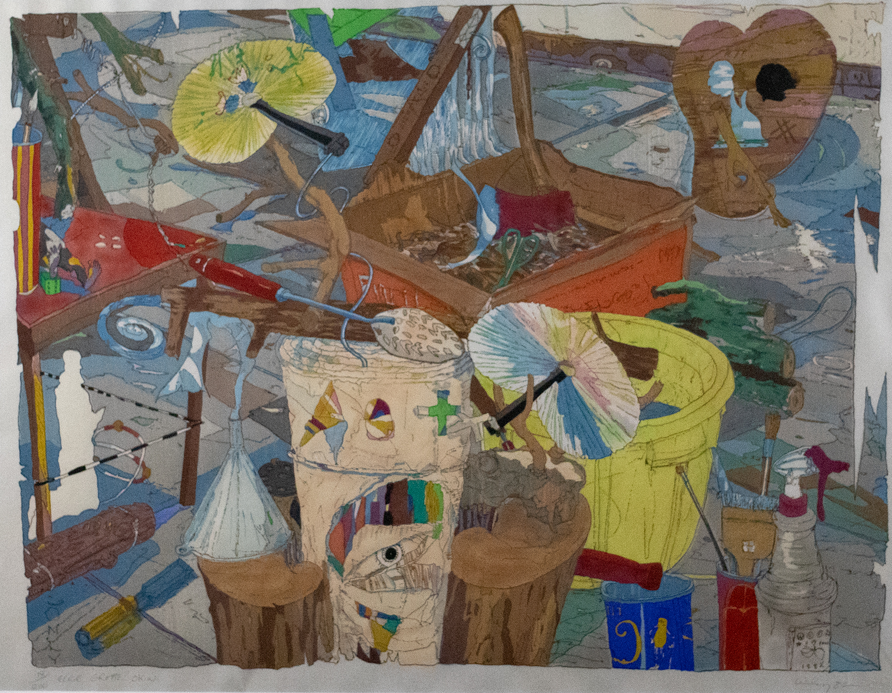 Colorful print with various objects including a funnel, cleaning supplies and a cardboard box.