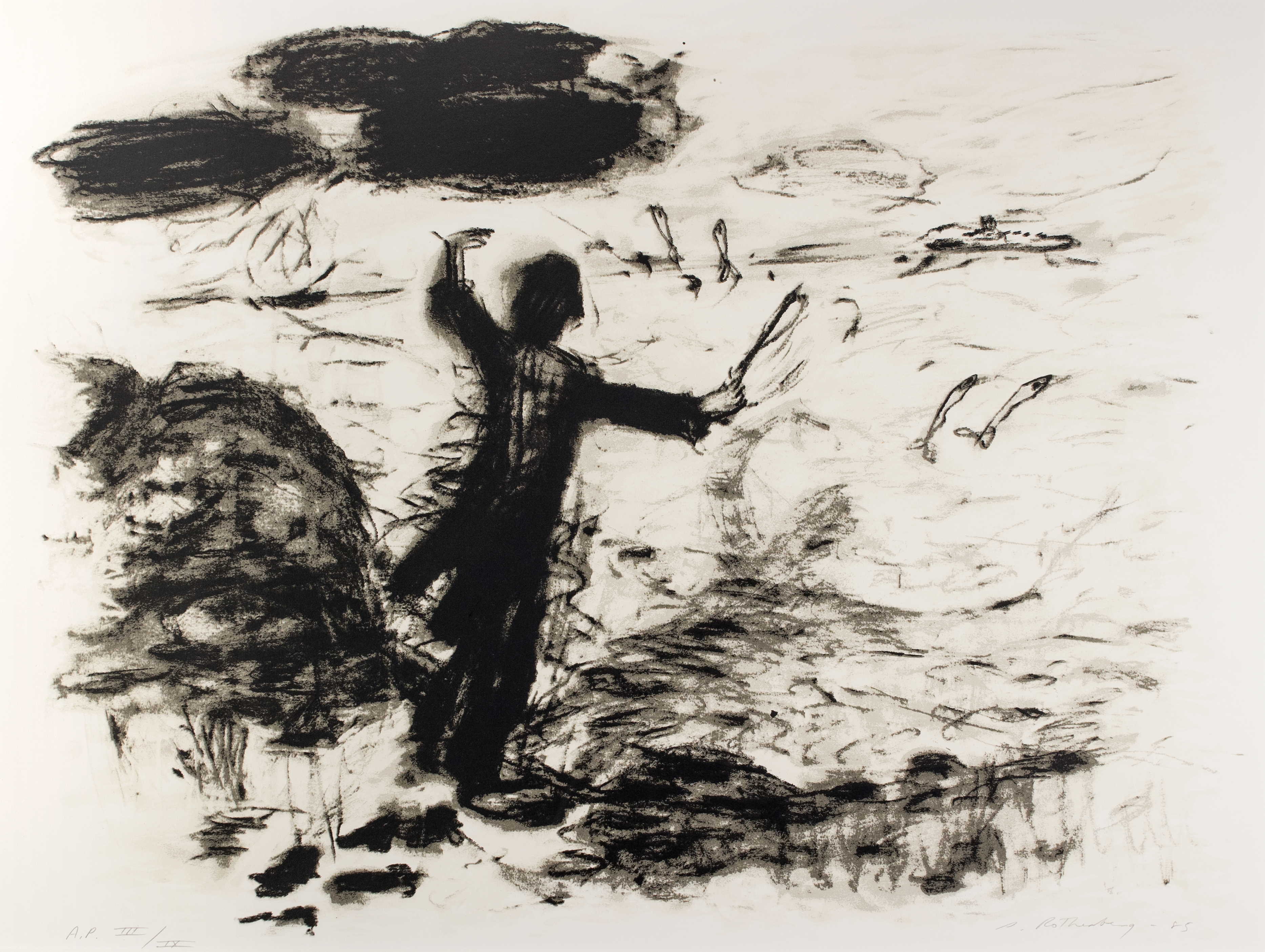 Black print of a figure waving their arms towards a body of water.