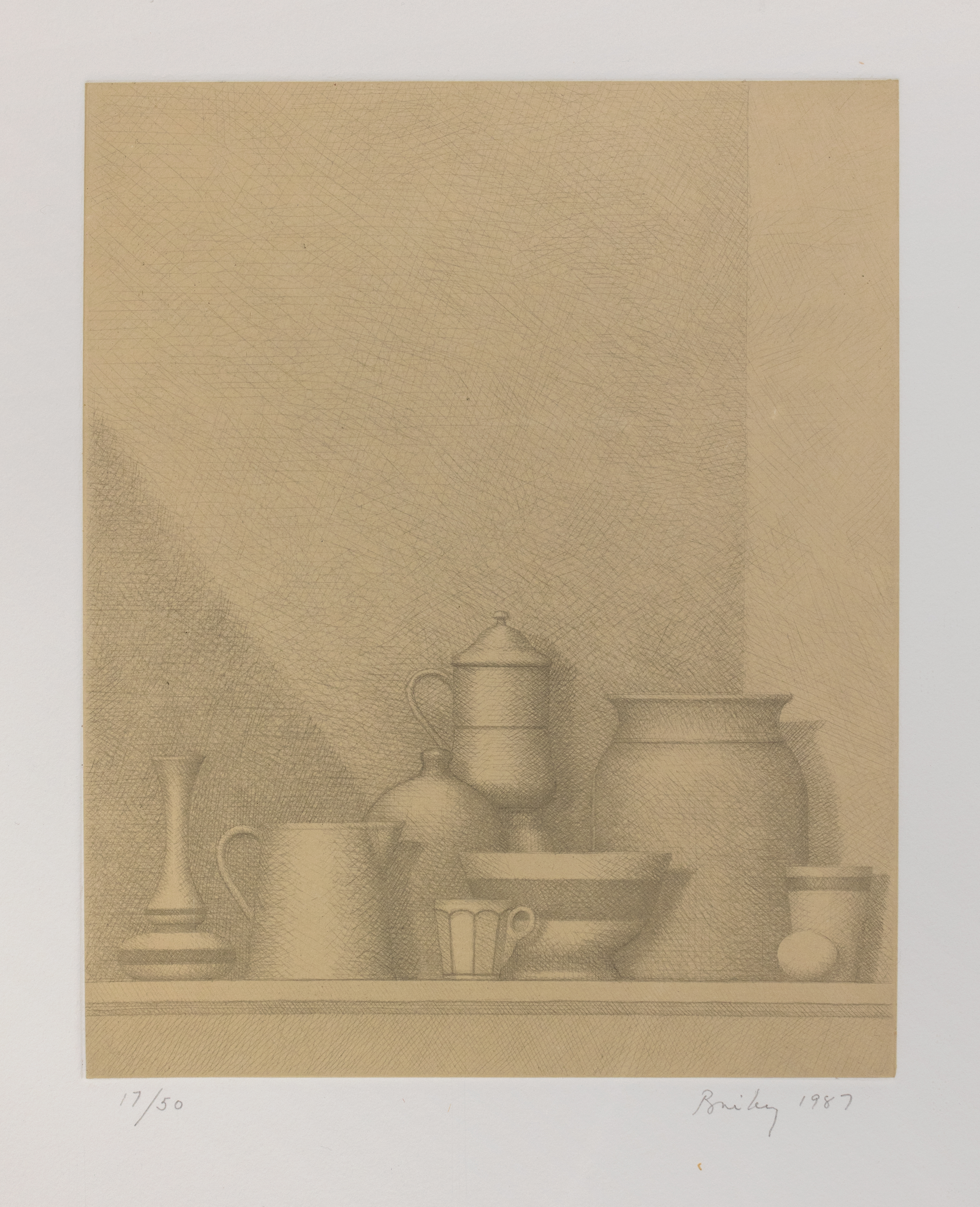 Beige background with various mugs, cups, and vases drawn on a shelf with a shadow on the left corner.