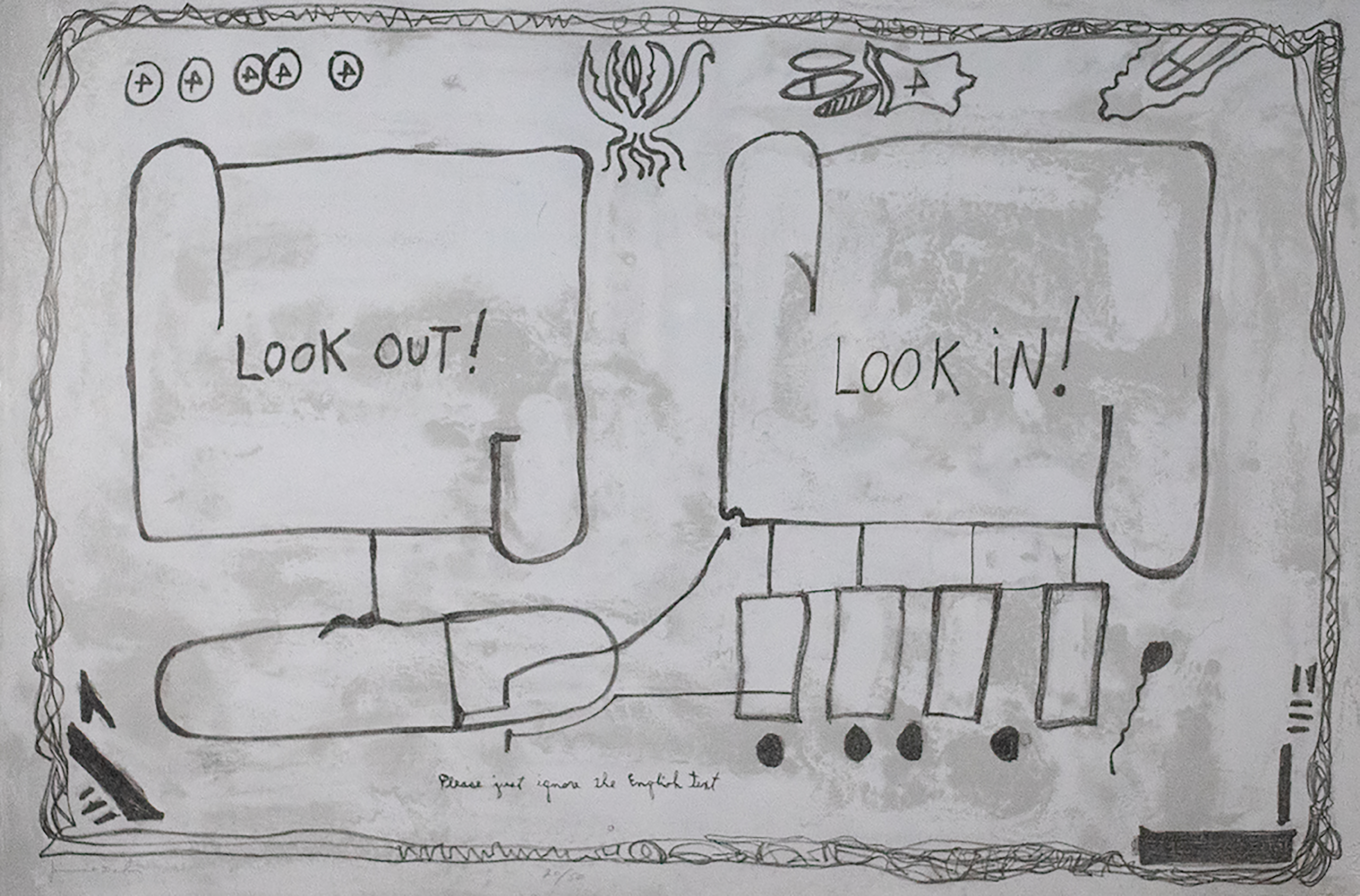 White background with a rectangle on the left with two curved Cornes that jet out and reads &quot;Look out!&quot; while the one on the right reads &quot;Look In!&quot;