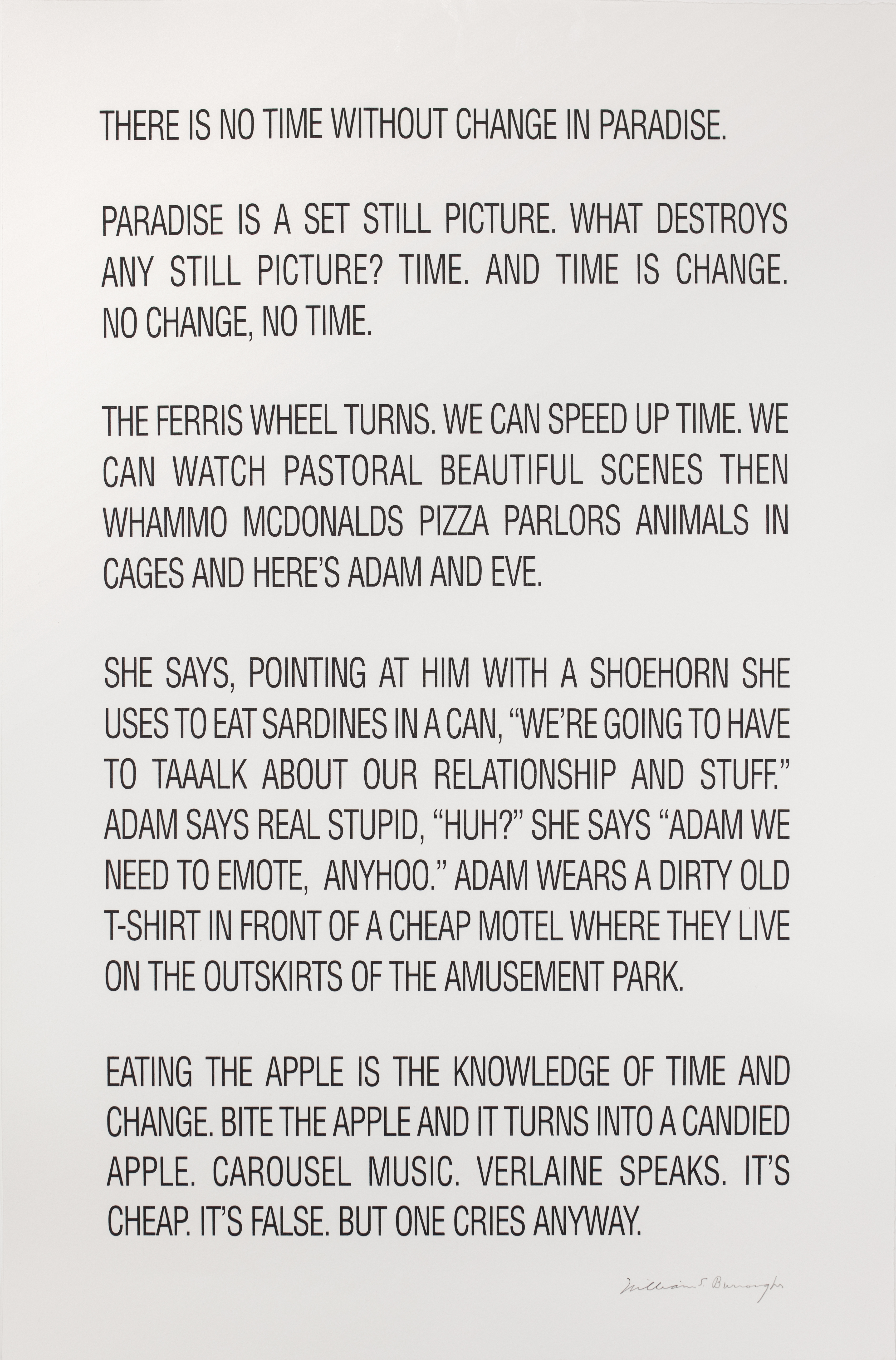 Four paragraphs of text on a white background with the title &quot;There is no time without change in paradise.&quot;