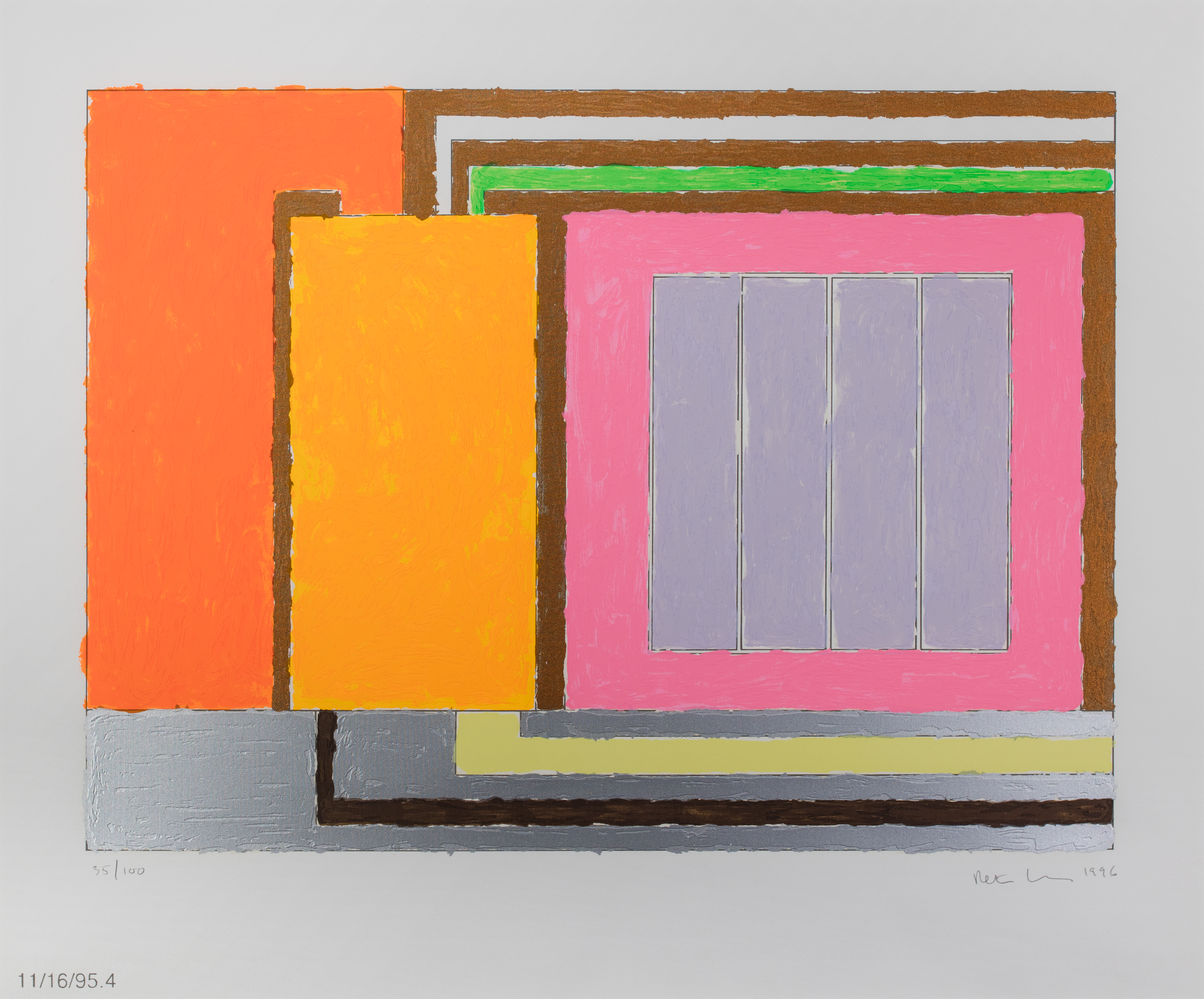 Colored squares, rectangles and stripes that overlap in orange, red, pink, brown, grey, and yellow.