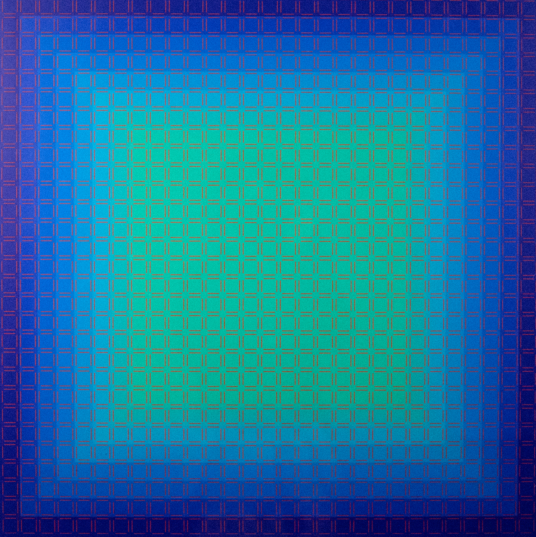 Grid made up of small blue squares that start as dark blue and fade to mint green as each row gets closer to the center.