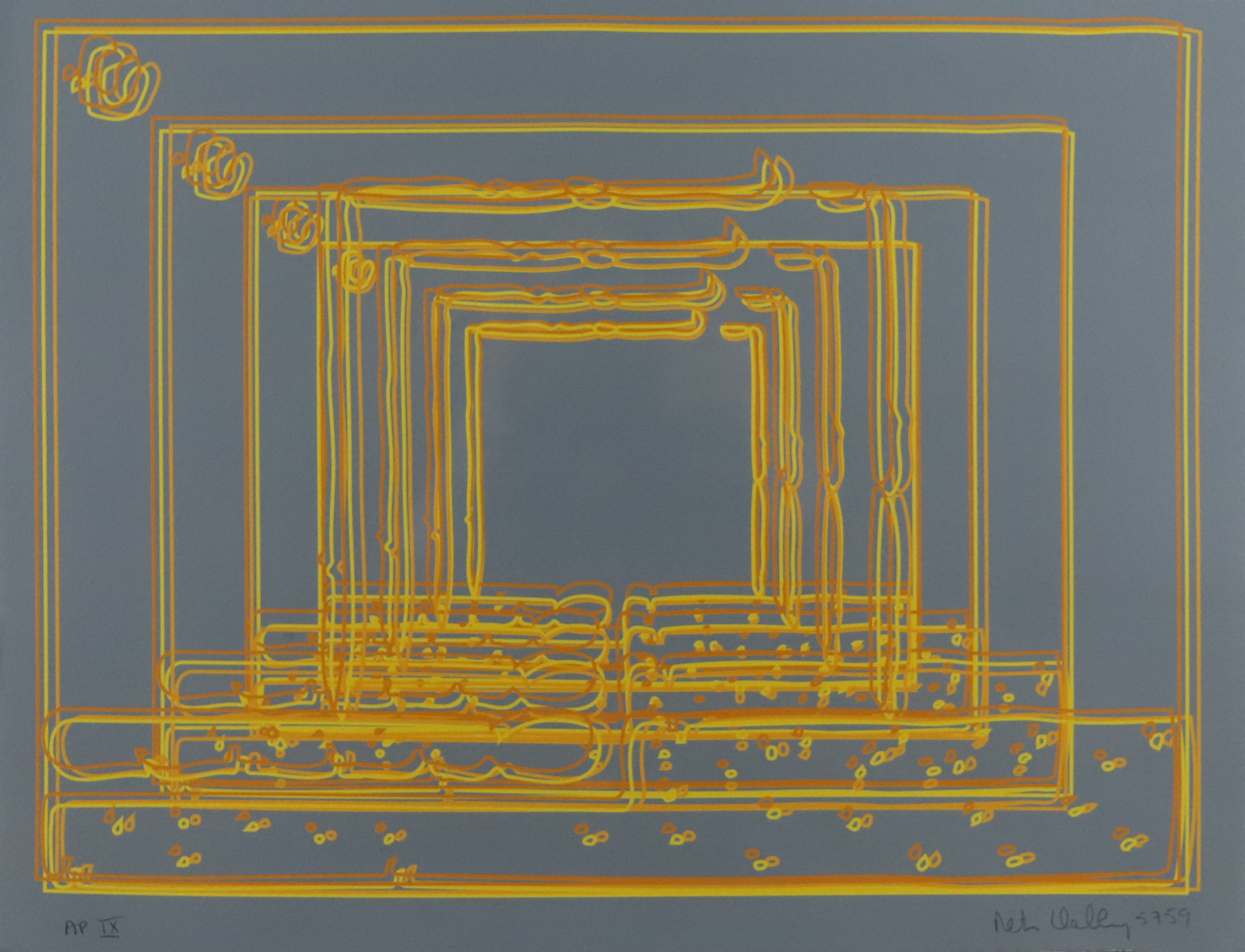 Grayish blue background with yellow overlapping rectangles that get smaller and smaller as they go towards the center.