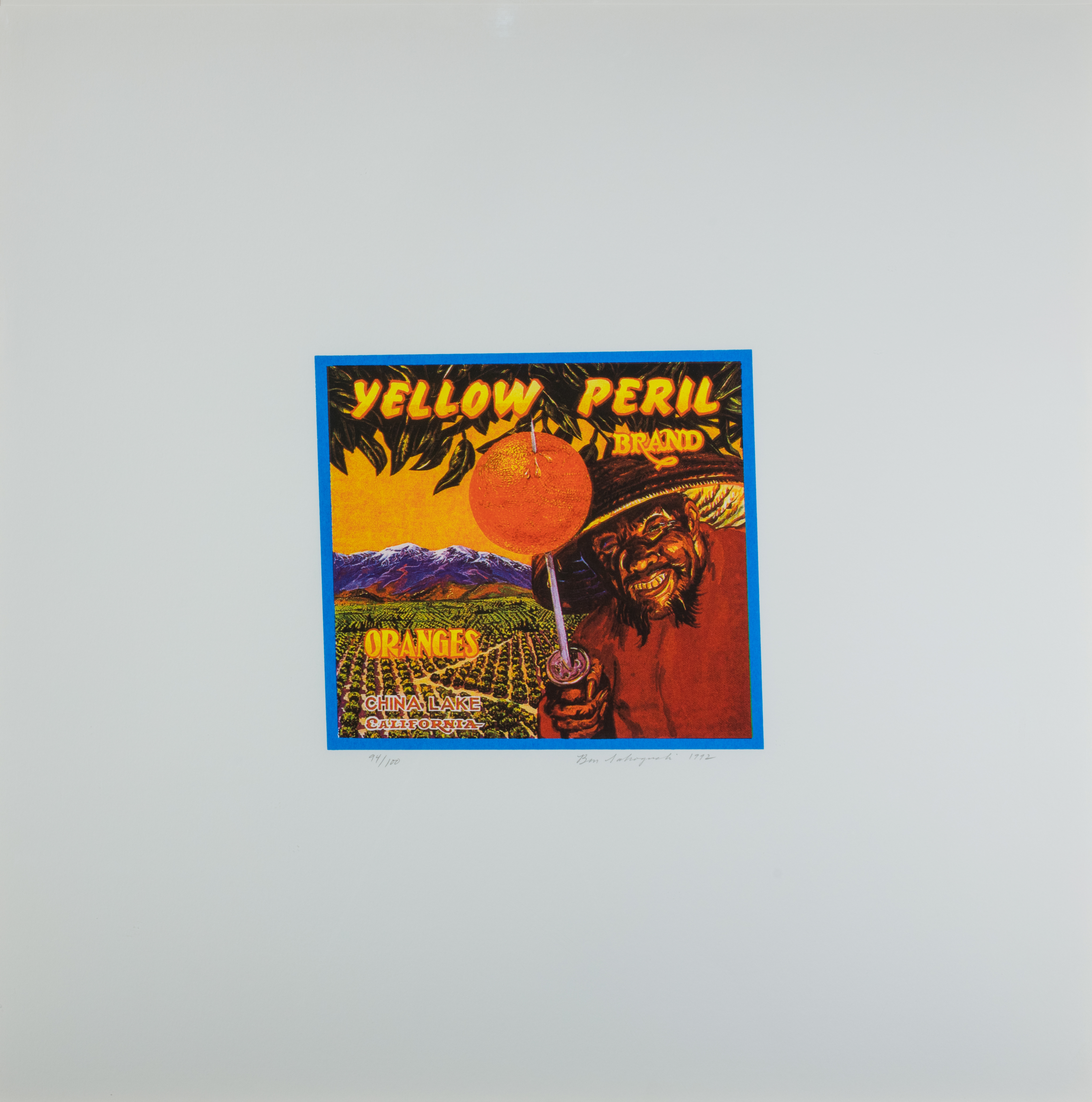 Cartoon looking graphic that reads yellow peril and has a man in the lower right corner in front of a crop field that reads oranges.