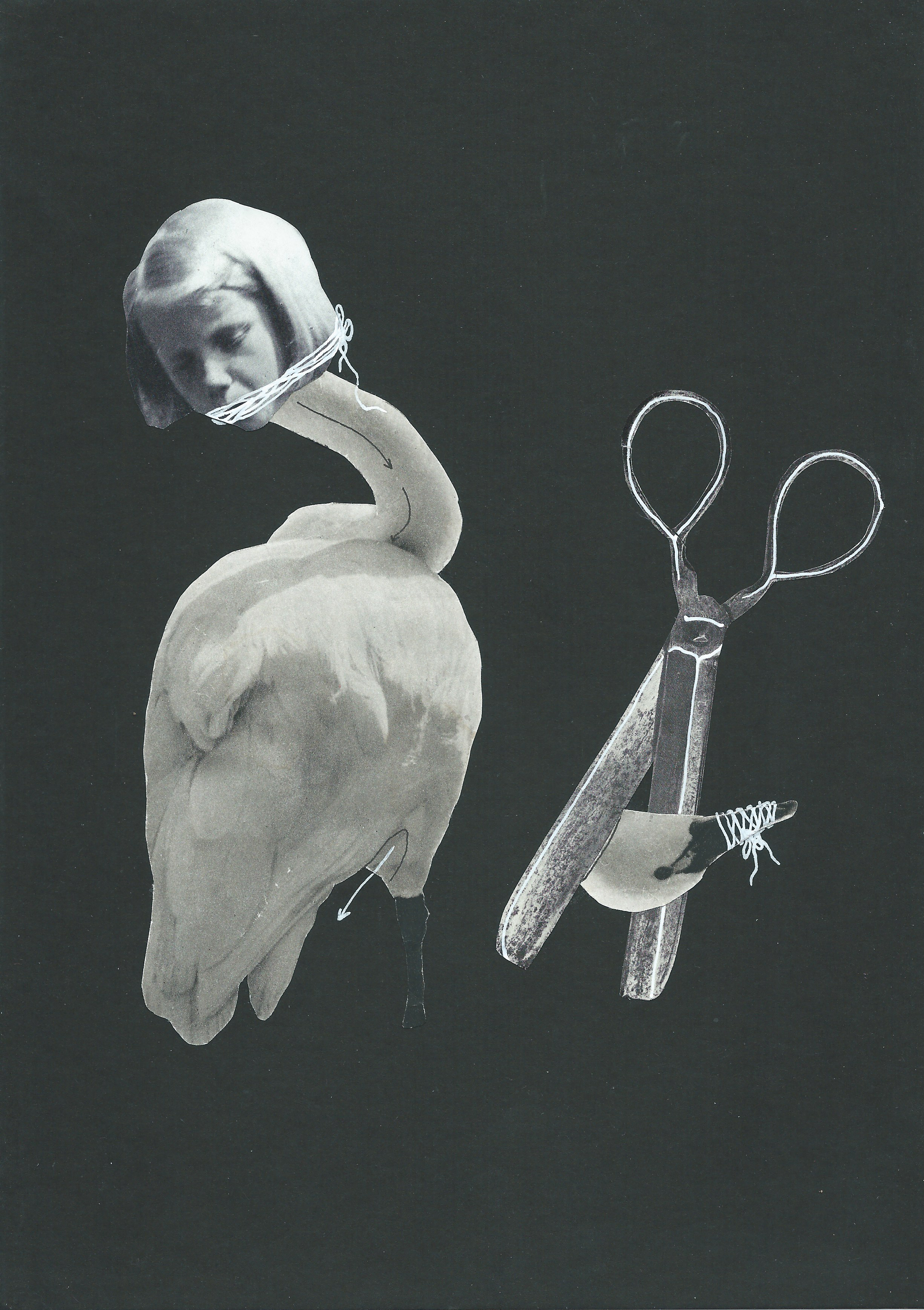 Black and white collage of a swan with a young girls head attached to it and her mouth covered in string and a pair of silver scissors