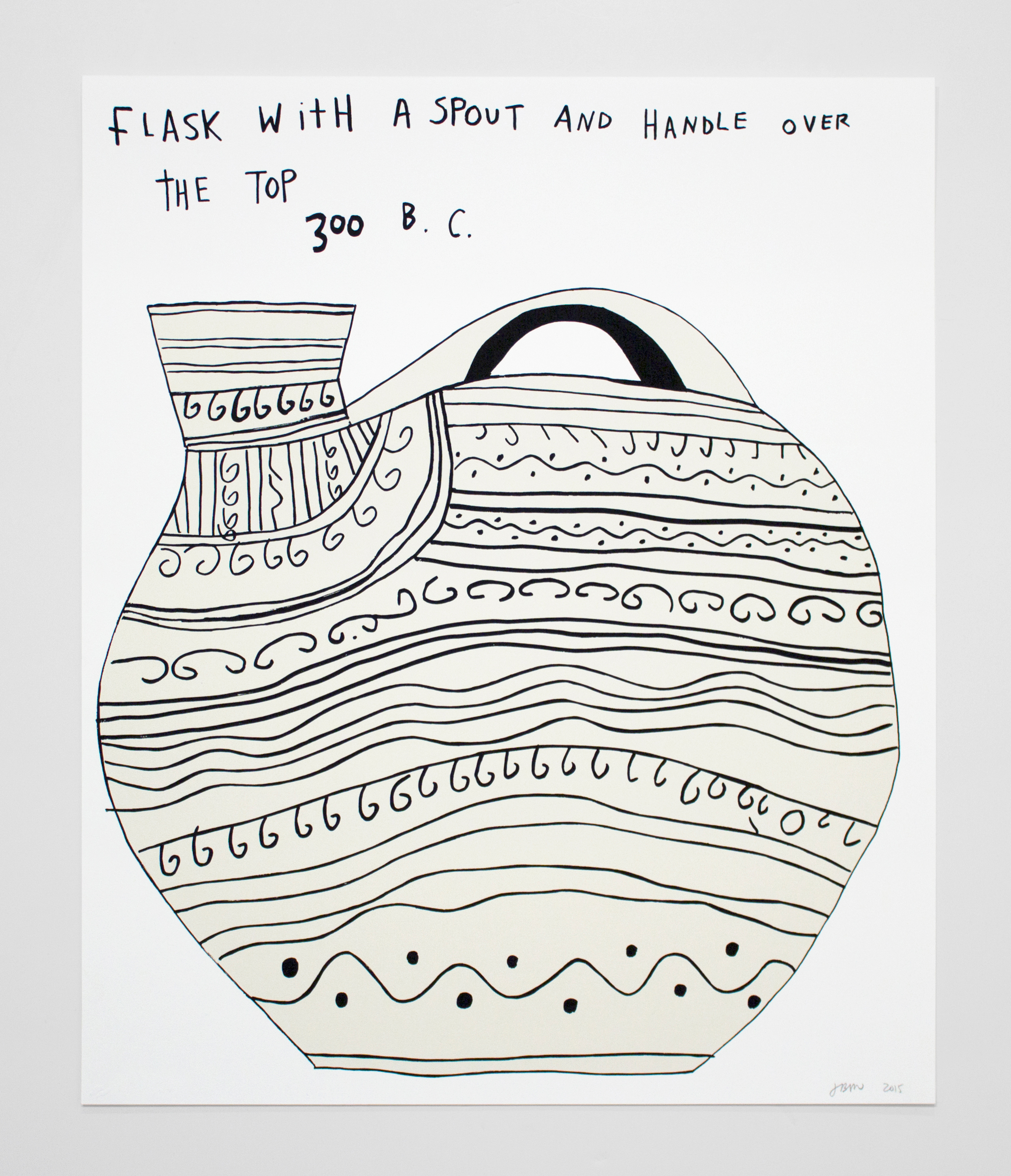 Line drawing of a flask with dots, swirls and lines covering the surface. The top reads &quot;Flask with a sport and handle over the top 300 b.c.&quot;
