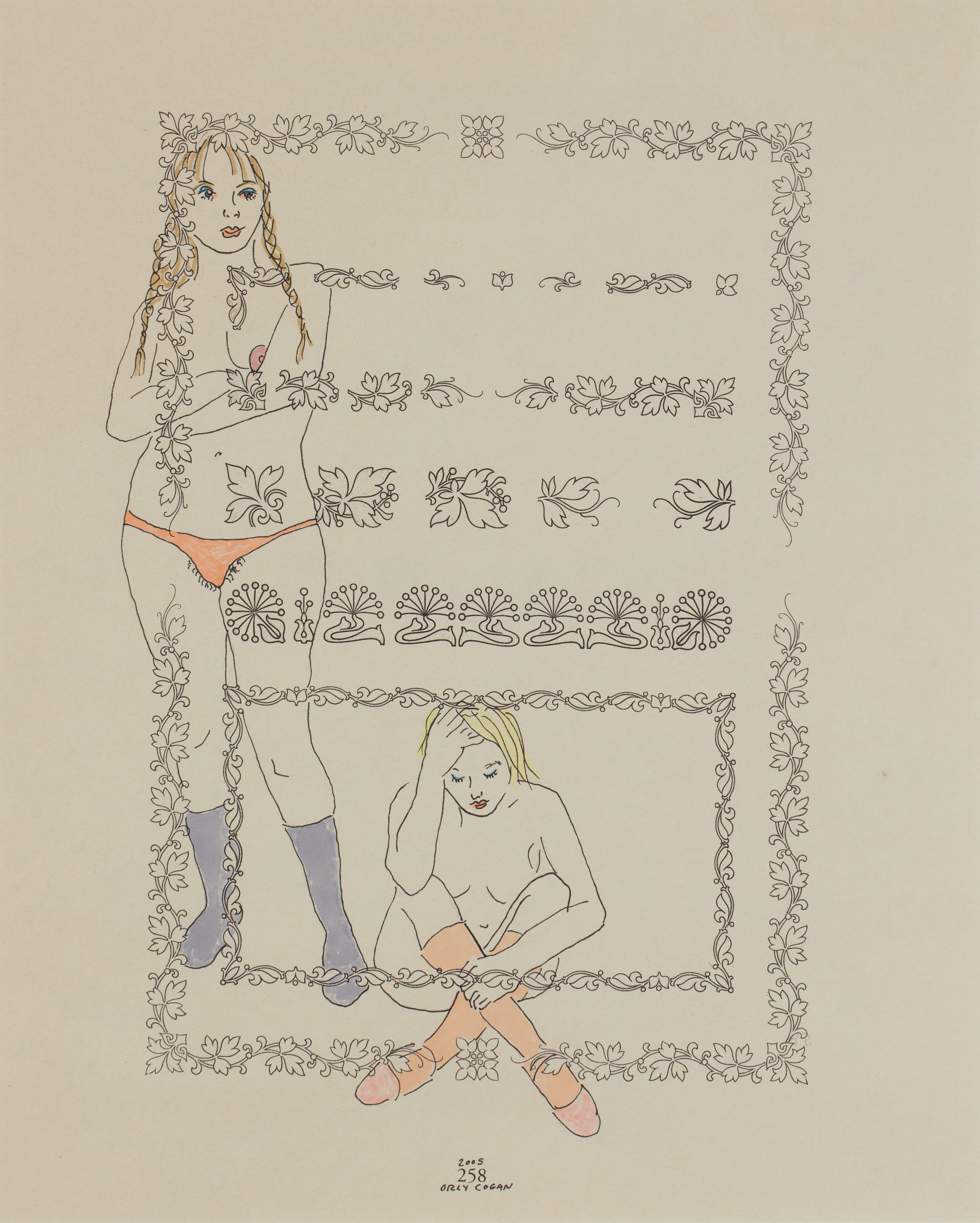 Ink drawing of a woman standing wearing orange underwear and blue socks with another woman sitting on her right with orange socks.