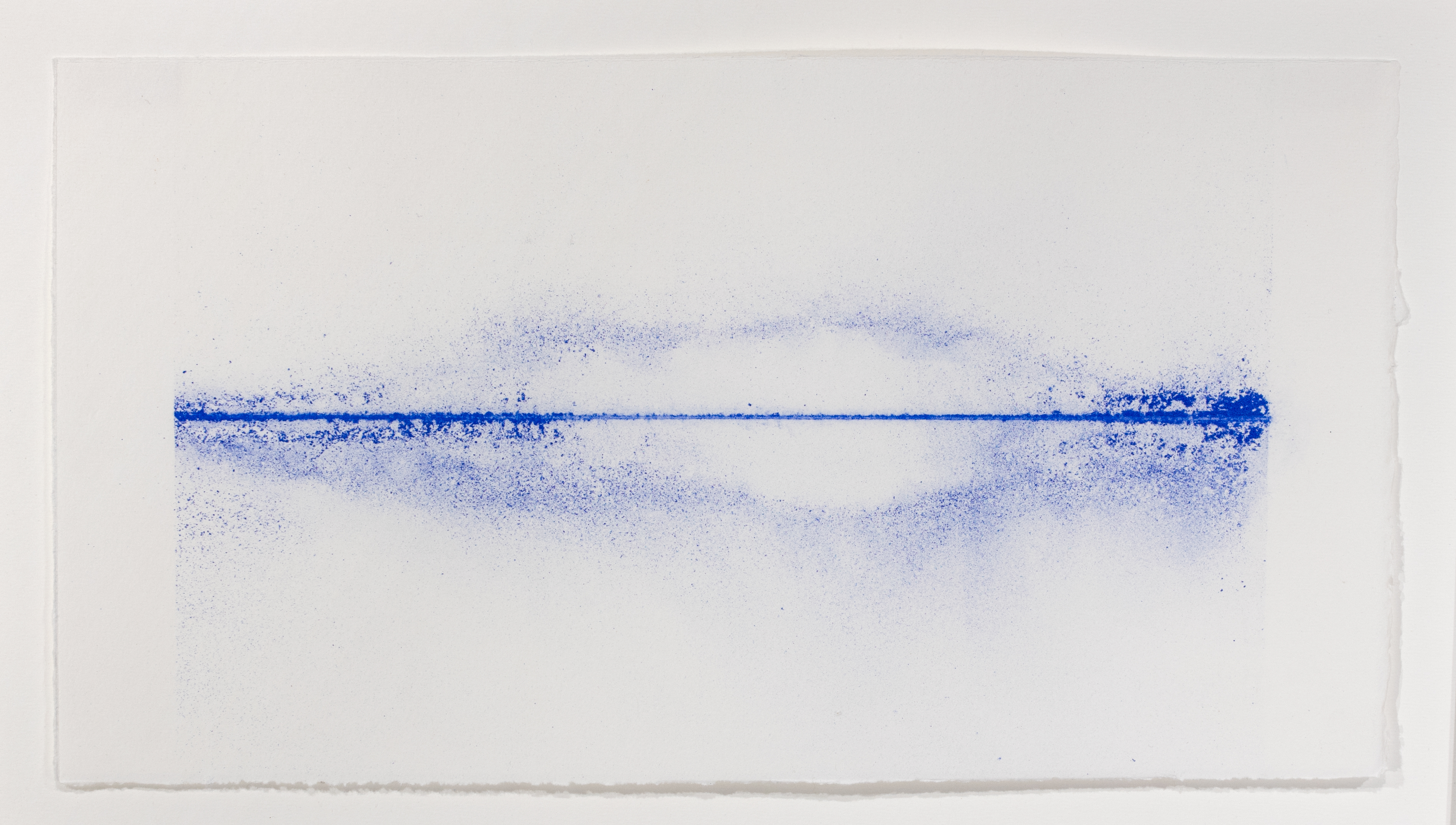Cobalt blue horizontal line runs across the canvas with faded ink on the top and bottom of the line.