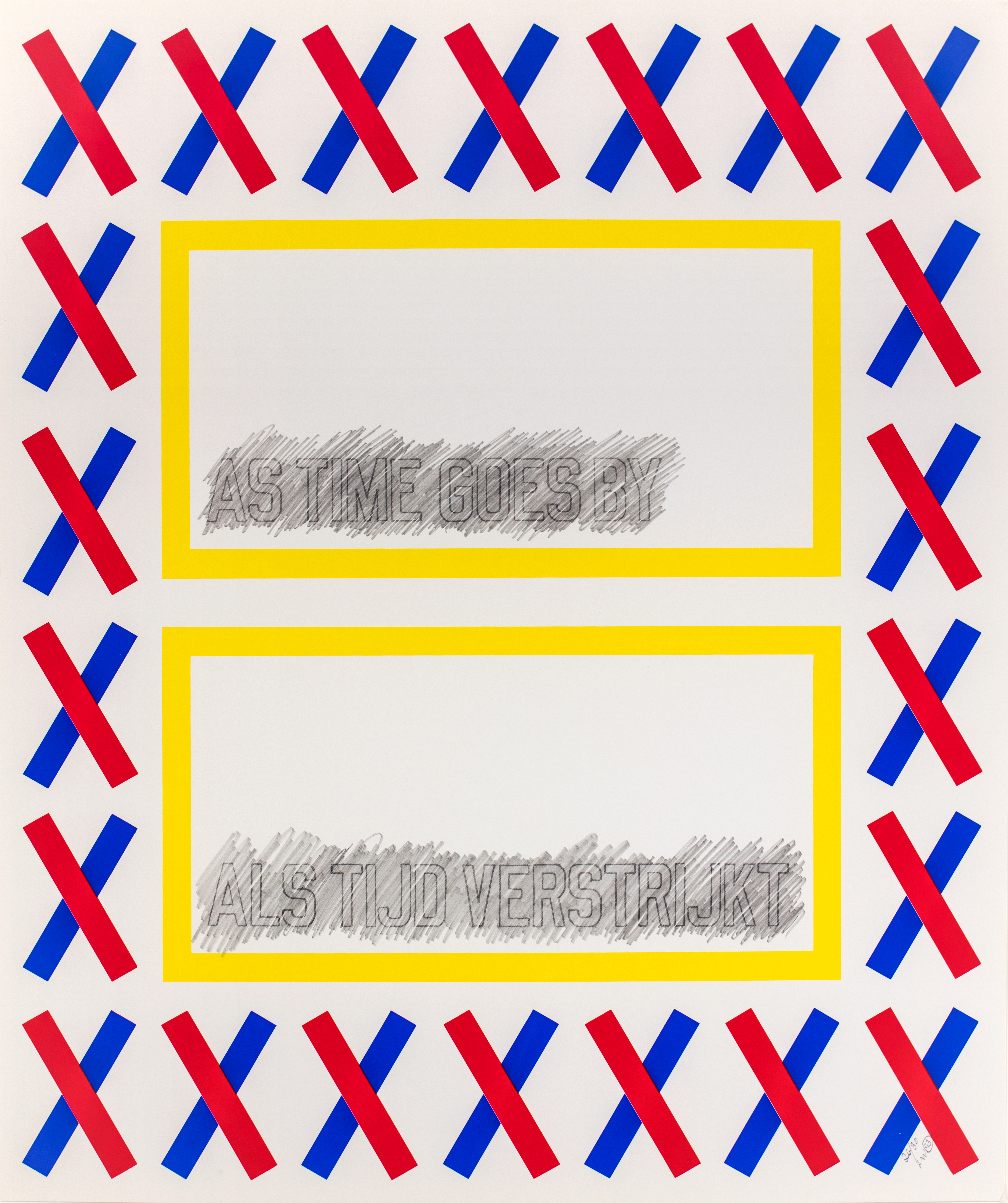 Border of half red and half blue x's with two yellow outlined rectangles in the middle that read &quot;as time goes by&quot; and &quot;als tijd verstrijkt.&quot;