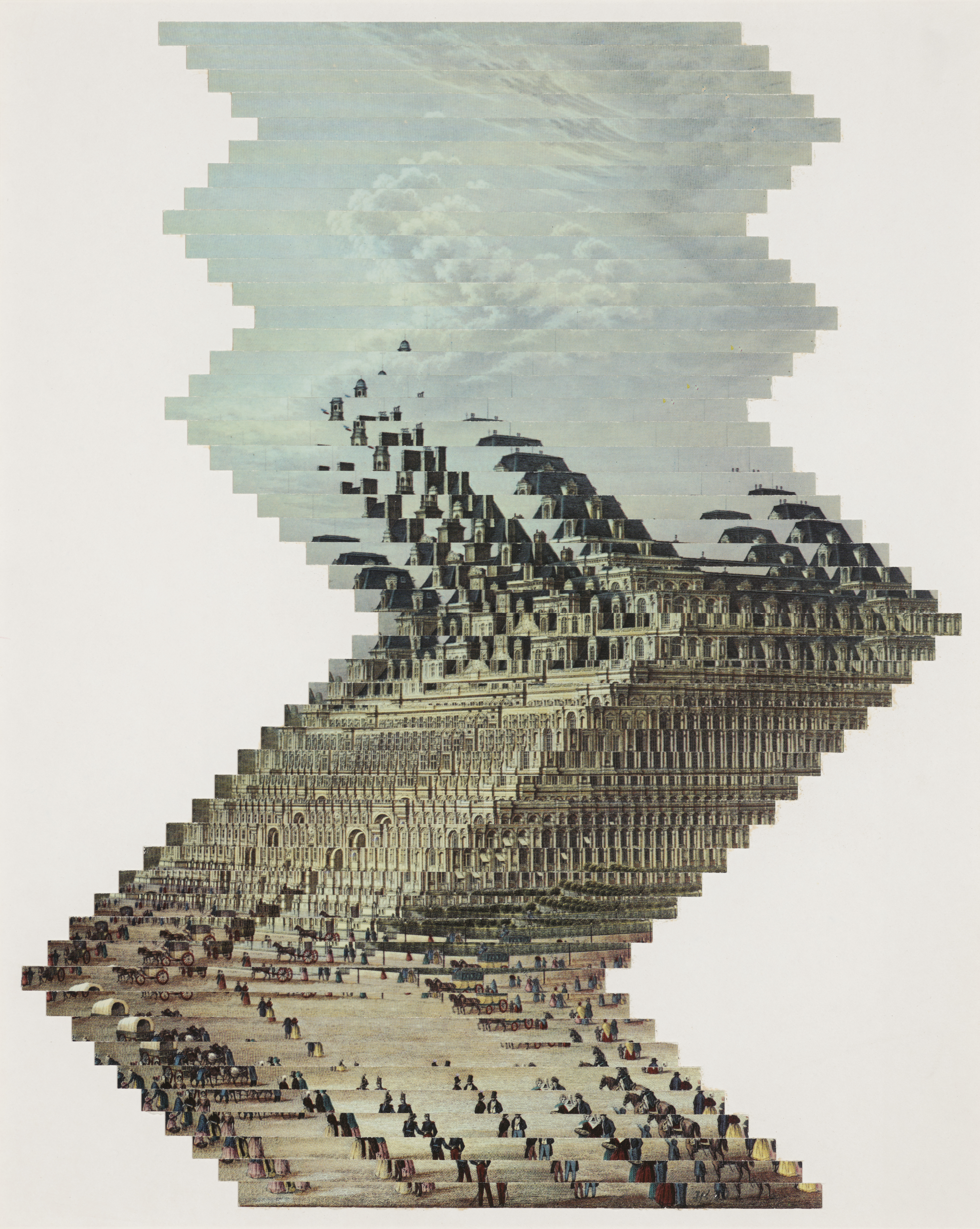 Distorted image of a building and square repeated many times in a zig zag shape.