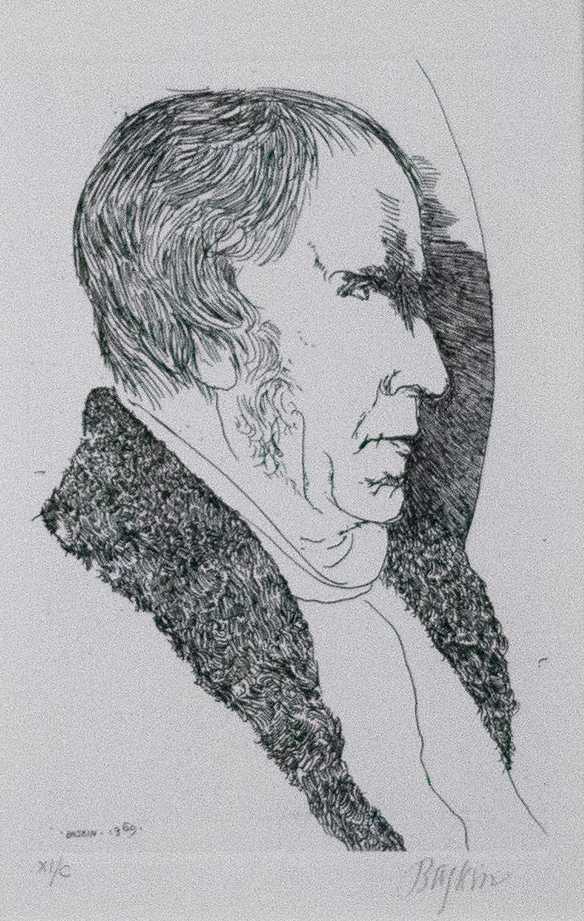 Black and white line print of a man's profile with textured hair and a fur coat.