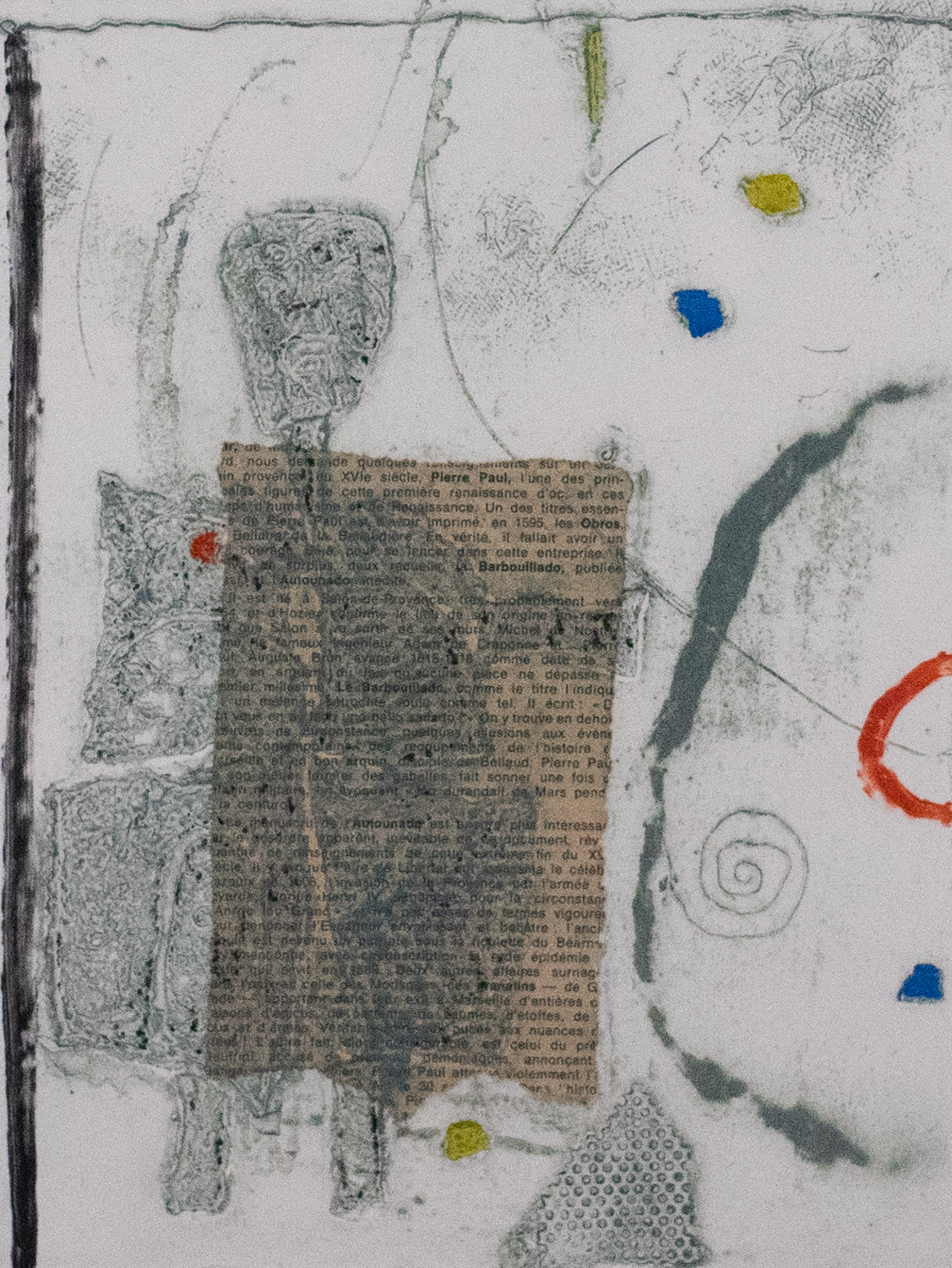 Collage made with a newspaper cutout, green brushstrokes, pencil markings and a swirl.