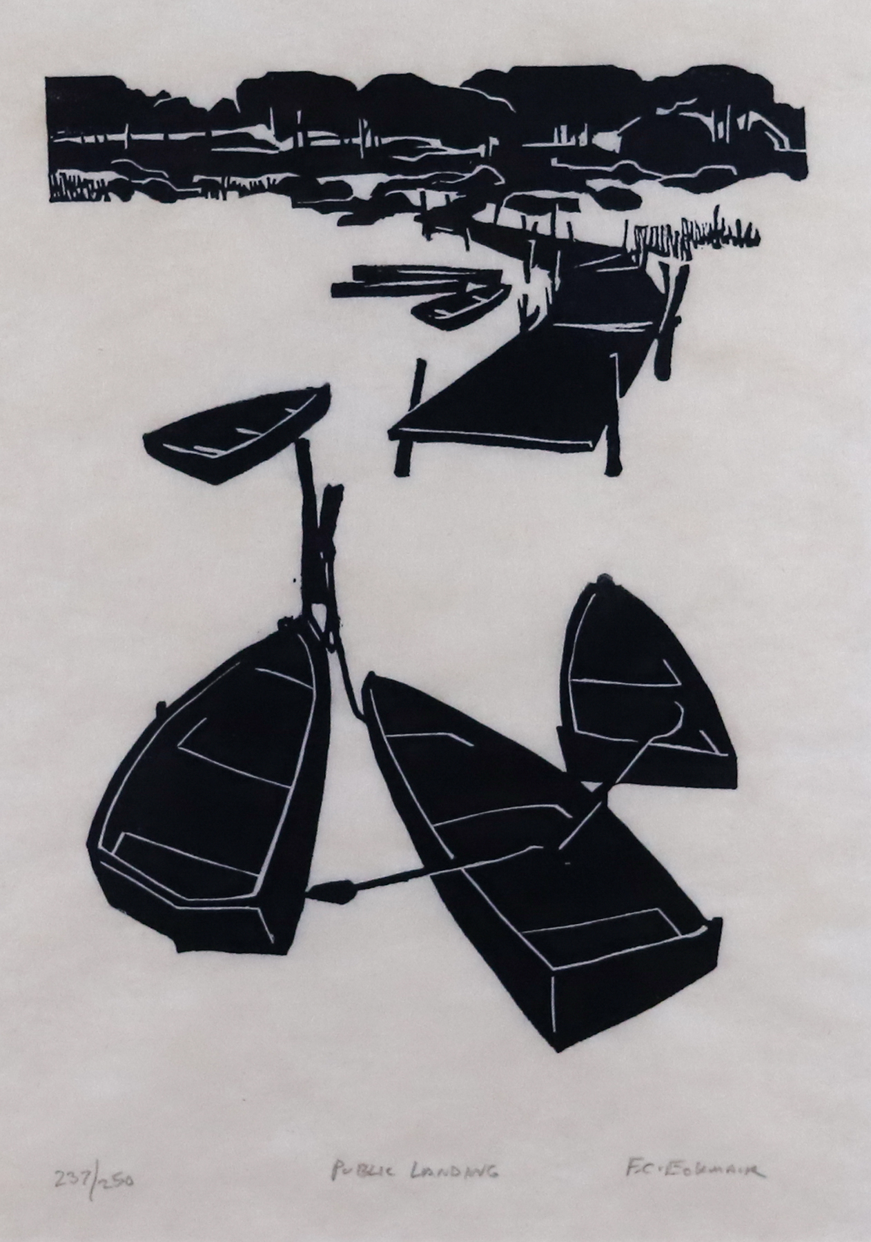 Black print of a dock and a few small row boats from the view of the water.