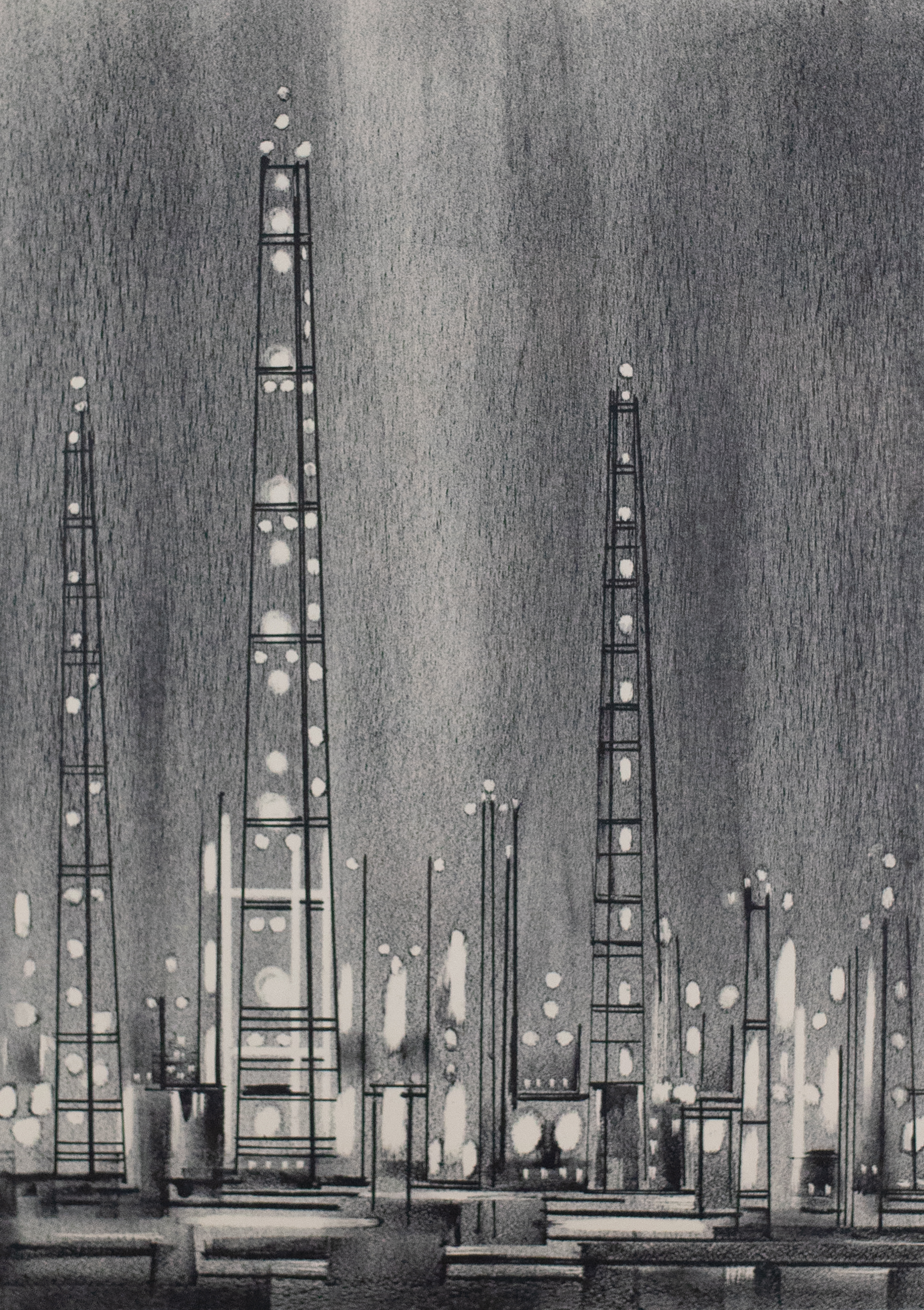 Black and white print of tall towers that resemble electrical towers and a shaded grey night sky,
