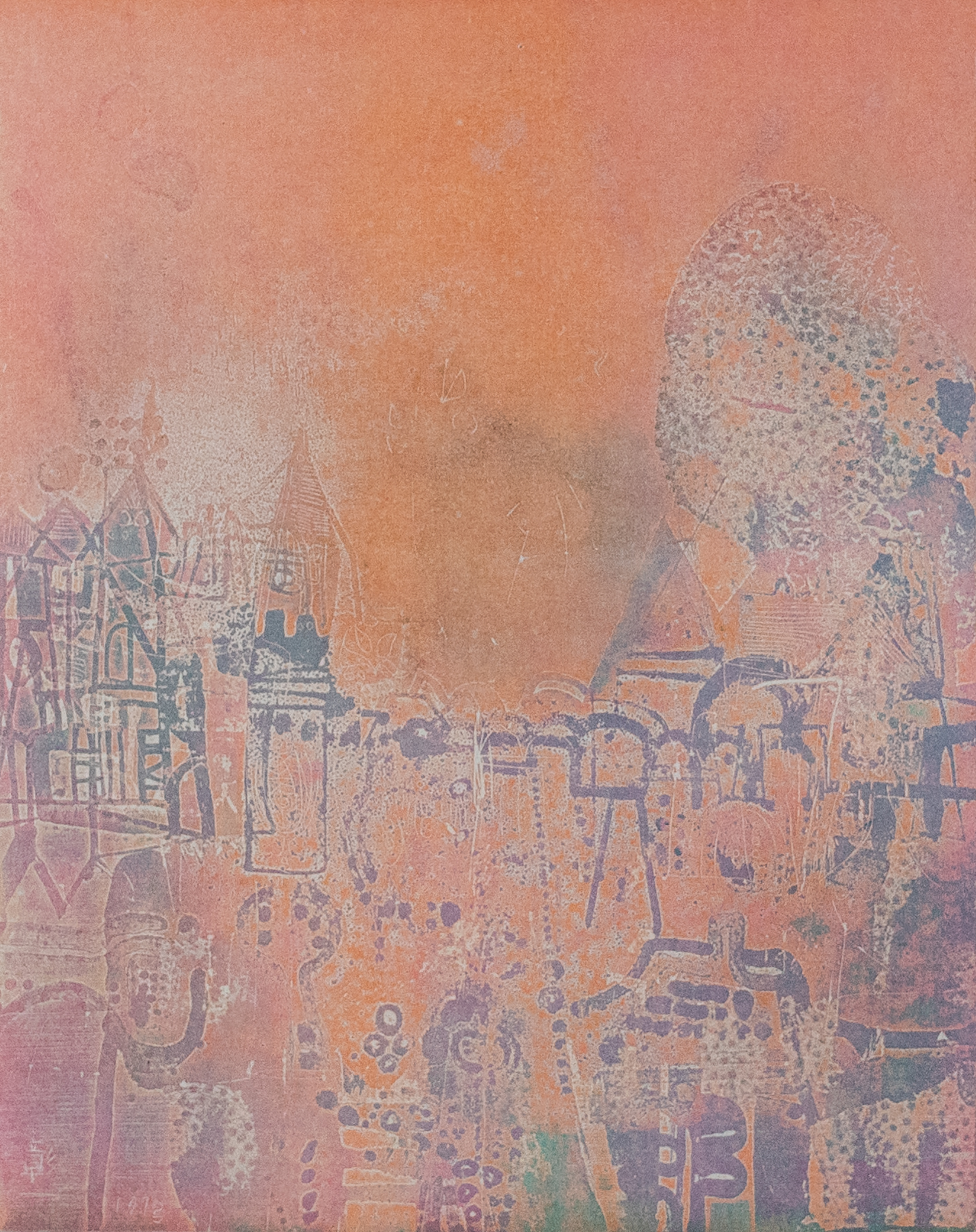 Print with an orange background and blue graphics that resembles a crowded town with small buildings.