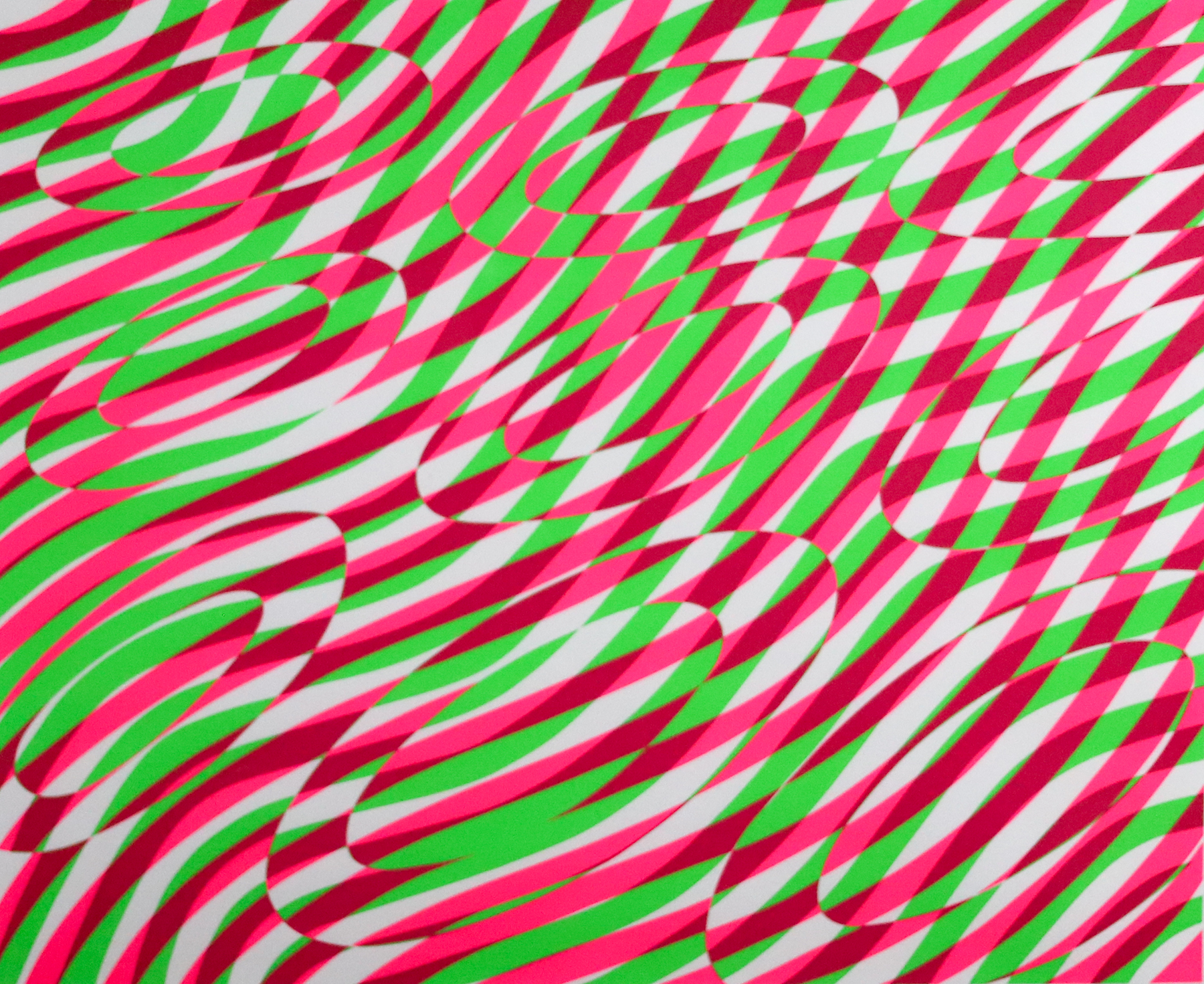 Bright pink, green, and red graphic with wavy lines and hollow circles.