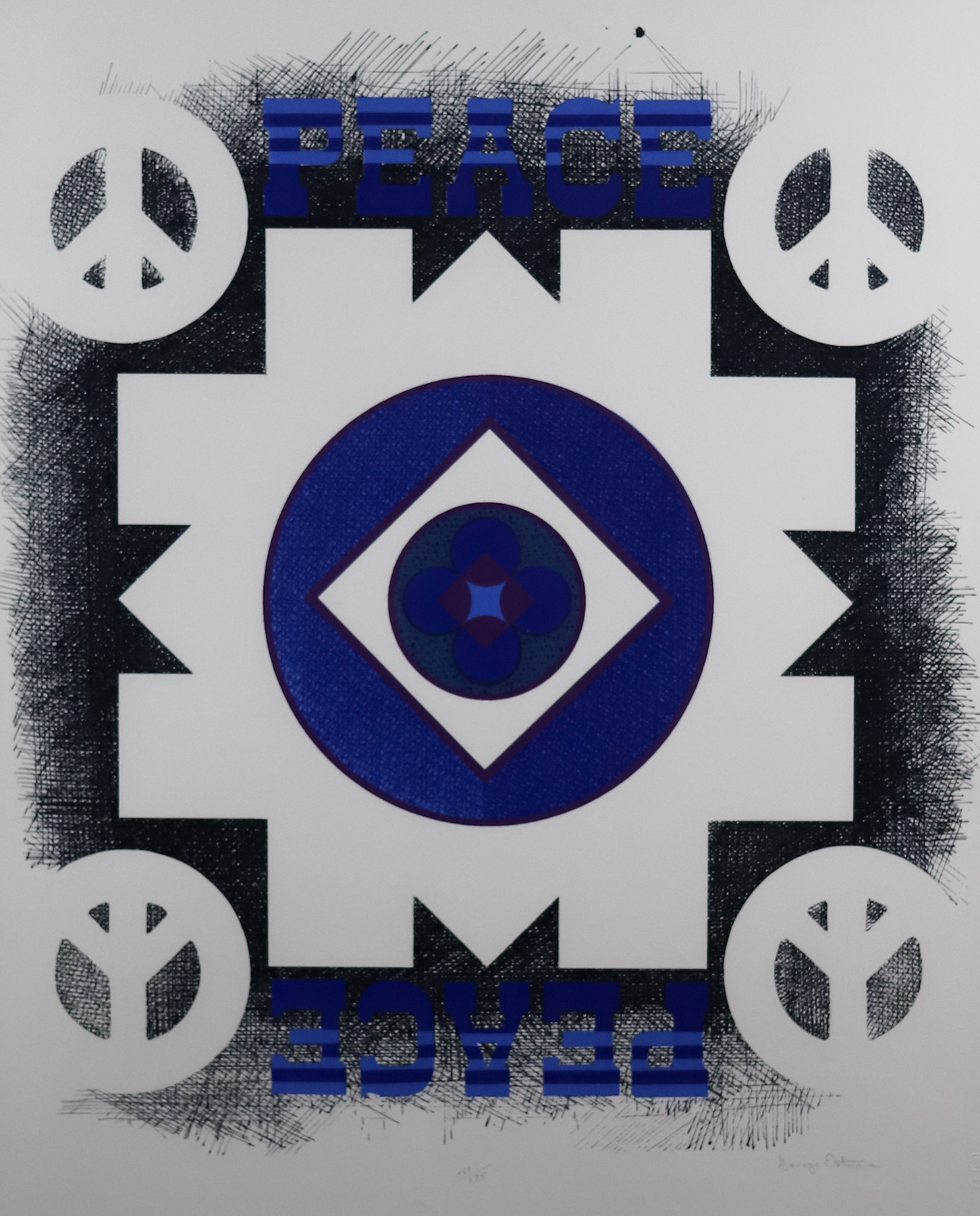 Four peace signs in the corners of a blue, white, and black geometric graphic. The word &quot;peace&quot; is seen on the top and bottom.