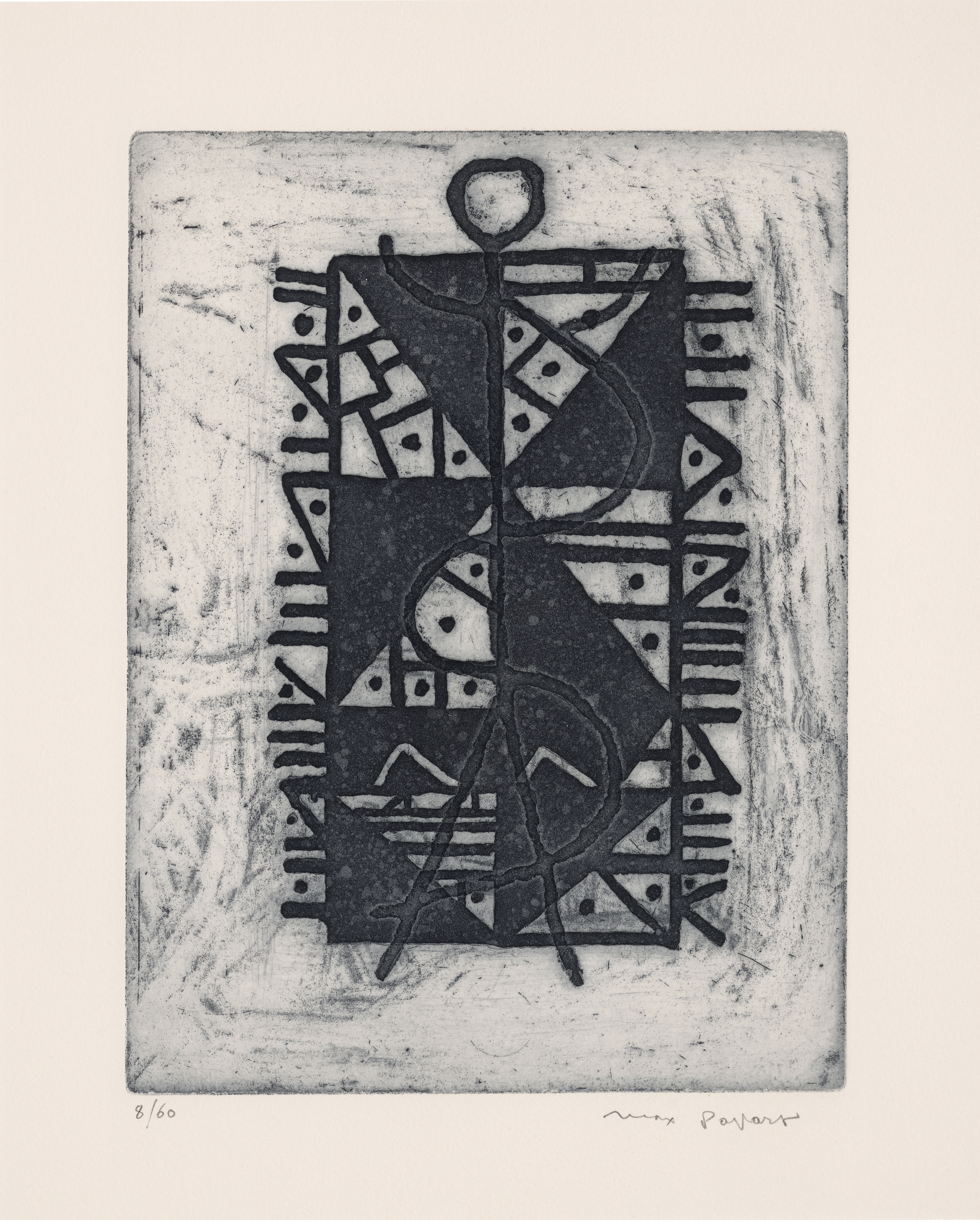 Black print of triangles dots and lines that form a rectangle in the center of the block.