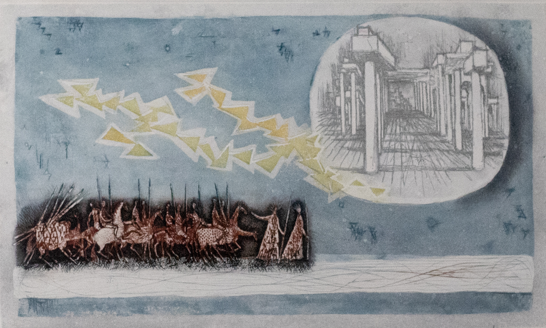 Line of people on horseback riding and walking vertically across the plan with yellow triangles in the sky resembling lightning bolts and a blue background.